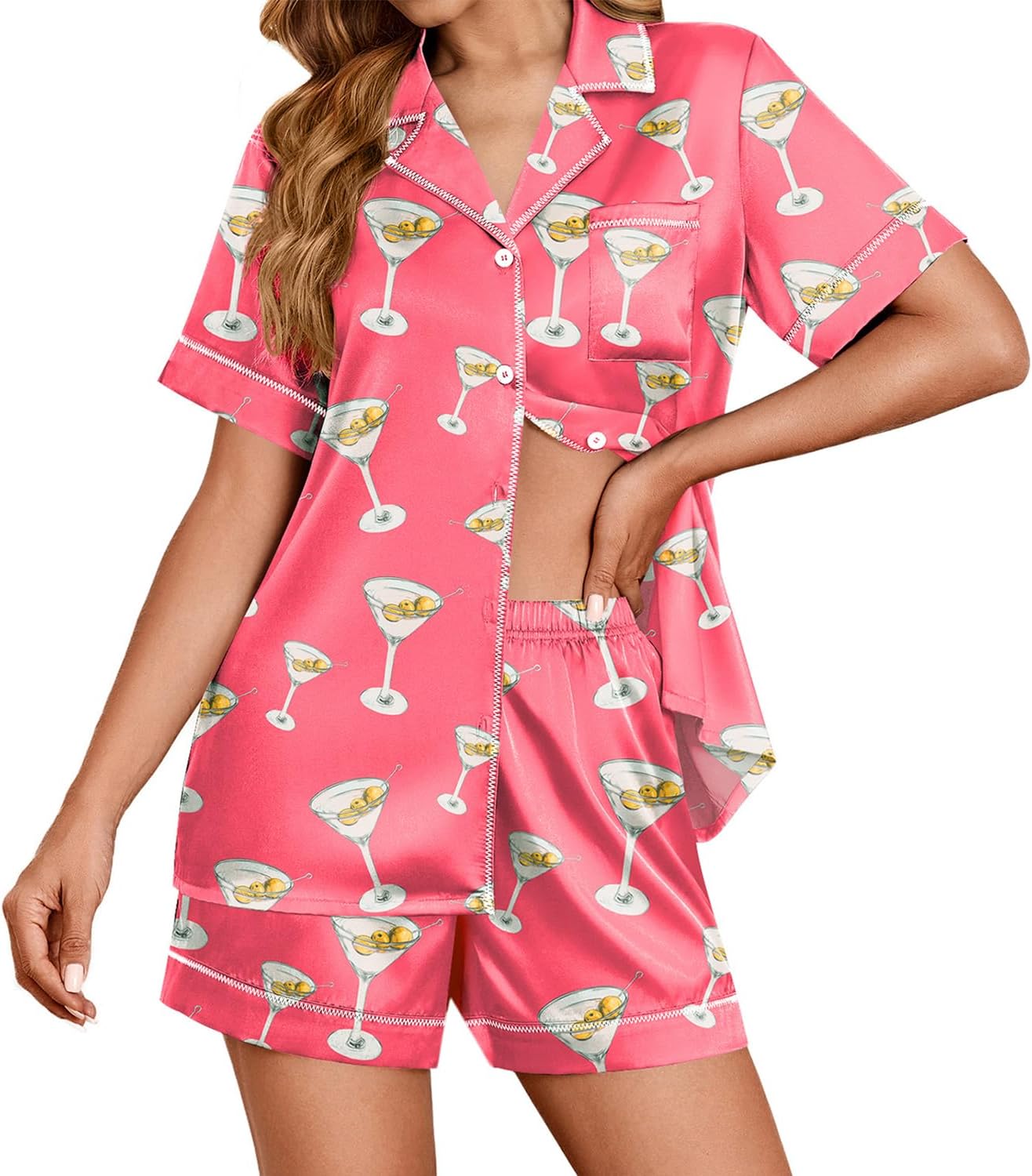 Ekouaer Womens Satin Silk Pajamas Set Short Sleeve Sleepwear Button Down Top and Shorts Loungewear 2 Piece Pjs Set S-XXL