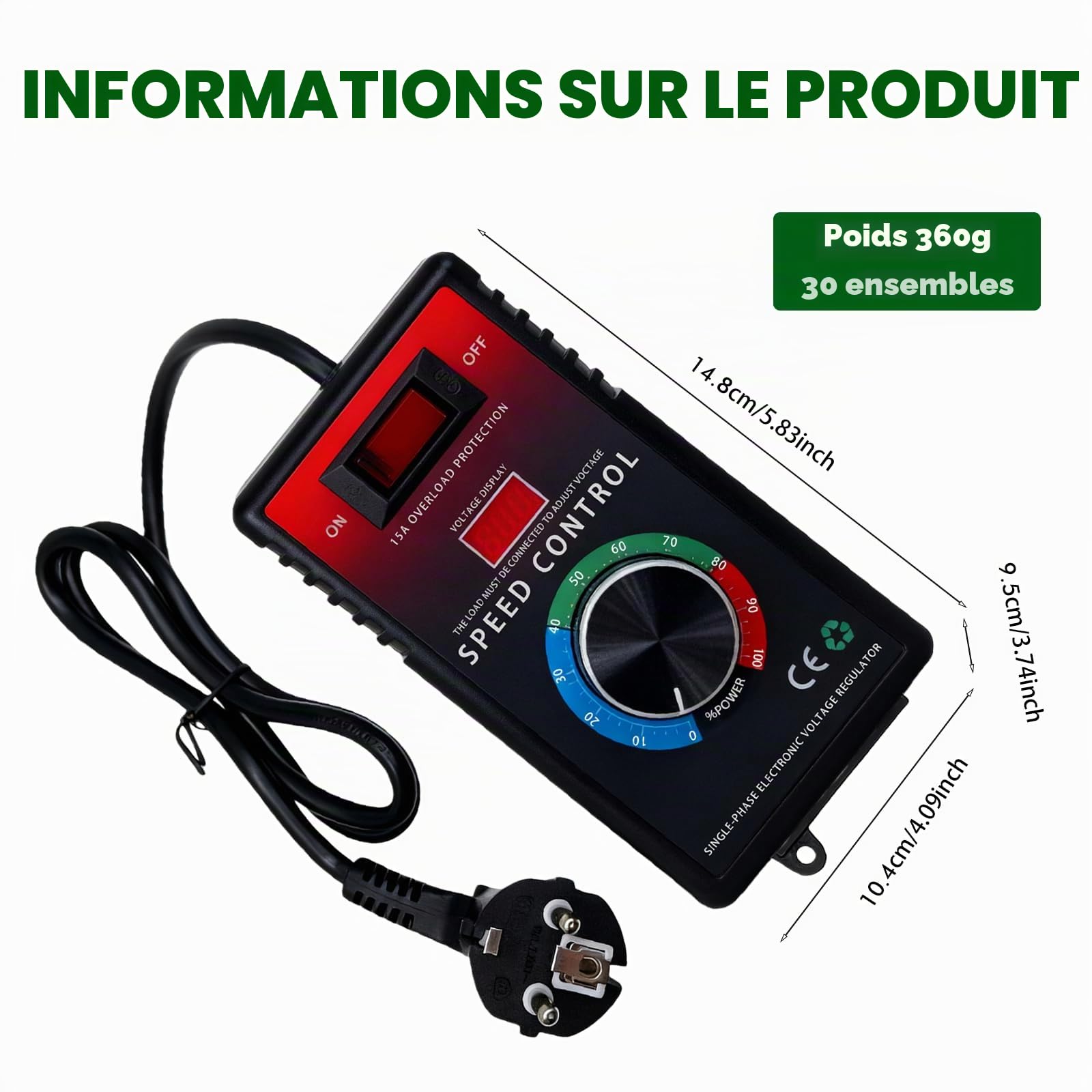 Variateur de Vitesse pour Moteur 220V AC 15A 4000W SCR Régulateur de Tension, Variateur de Frequence pour Moteur Contrôleur de Vitesse du Ventilateur Meuleuse d'Angle Souffleur Perceuse Manuelle Scie
