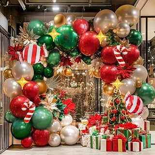 Christmas Red and Green Balloon Garland Arch Kit Pearl White Gold Foil Candy Cane Balloons With Gold 4-Point Star Balloons For Christmas Party Decorations