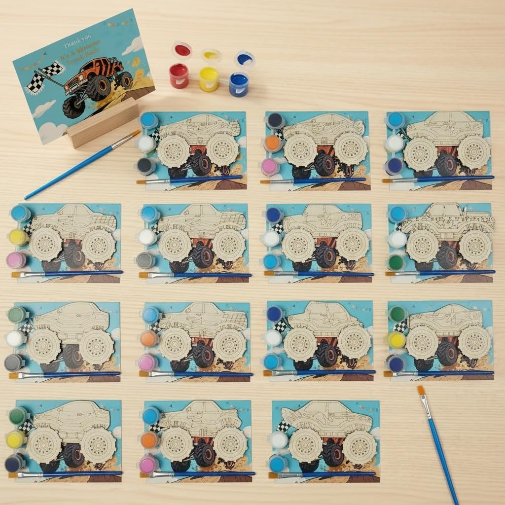 WORGO 24 PCS Monster Truck Party Favors, DIY Painting Kits with 6 Unique Wooden Trucks, Crafts for Kids - Monster Truck Car Birthday Decorations, Goodie Bag Fillers for Kids Ages 4-8