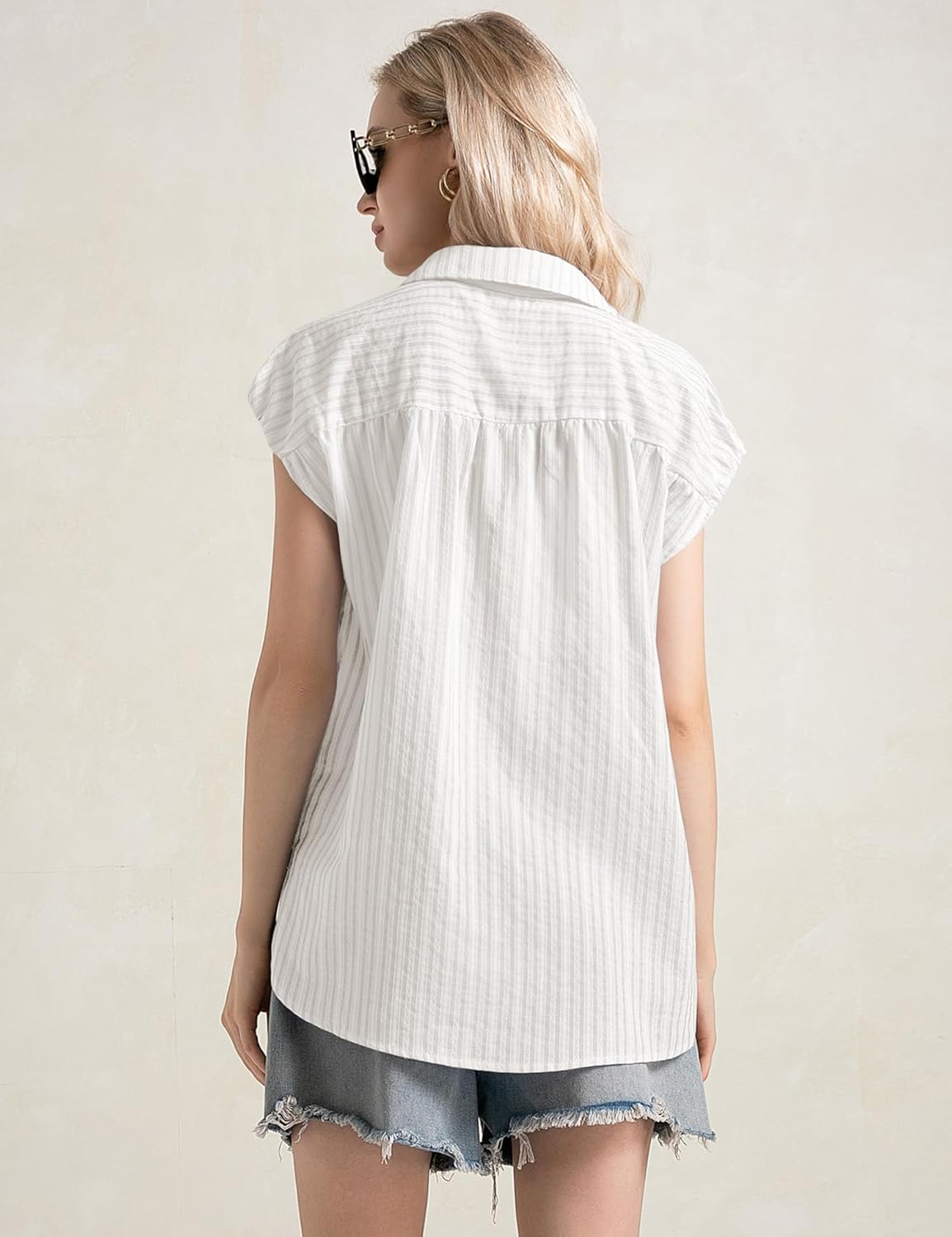 LOMON Womens Button Down Shirts Short Cap Sleeve Summer Cotton V Neck Collared Stripes Blouses Casual Plaid Tops - Image 5