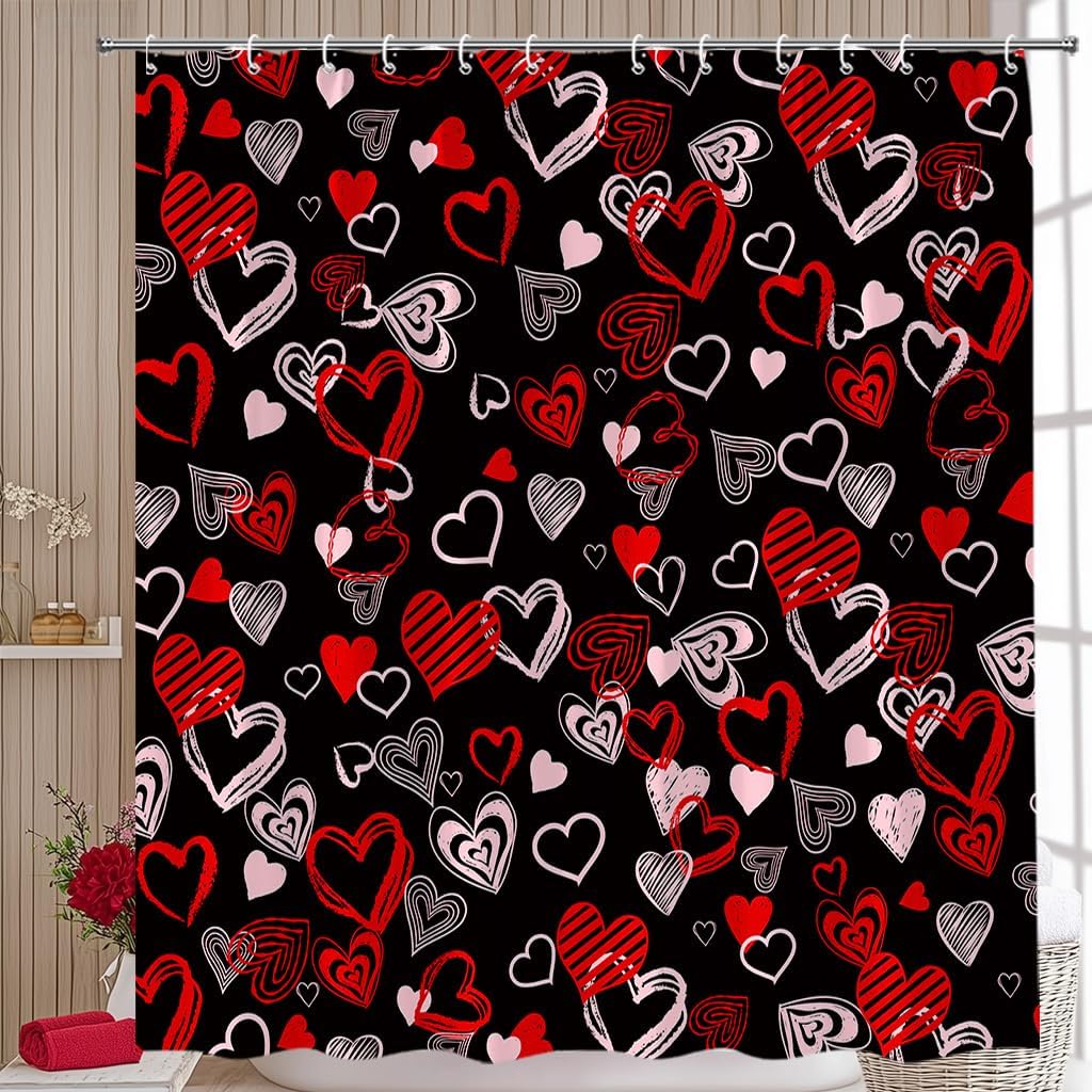 Valentine Shower Curtain Black Red Pink Hearts Romantic Love Cute Pretty Girly Watercolor Design Women Fabric Bathroom Curtain Decor Bath Set with Hooks(108" Wx70 H)