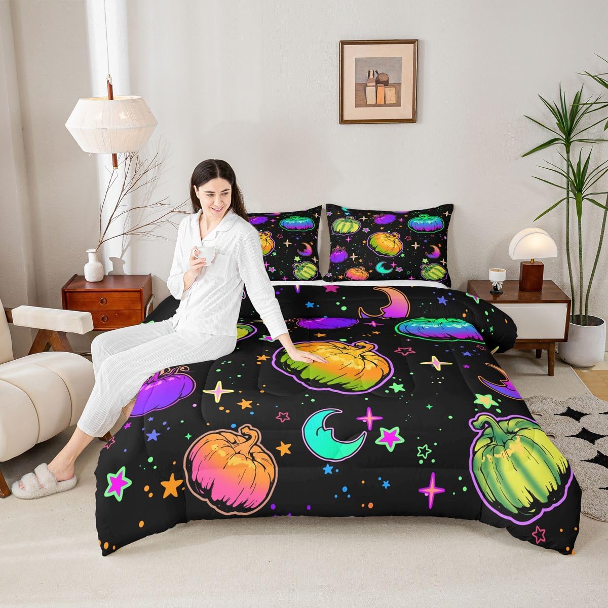 Feelyou Halloween Comforter Set for Kids Boys Girls Pumpkin Print Comforter Queen Size Fluorescent Style Bedding Set Bedroom Decor Spooky Pumpkin Duvet Set Quilt Set 3Pcs