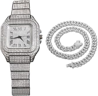 Diamond Watch for Men - 40mm Roman Numerals Square Dial - 18K Real Gold/Platinum/Rhodium Black/Rose Gold Plated 22cm Strap - Japanese Quartz - Luxury Jewelry - Can Paired with Cuban Chain