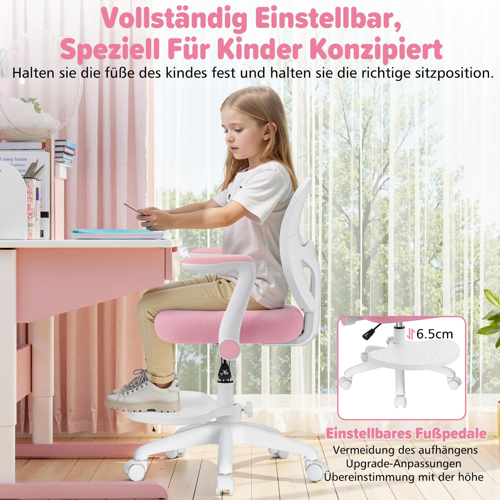 HOFFREE Kinder Schreibtischstuhl Ergonomischer Lernstuhl mit Klappbarer Armlehne Fußstütze Drehbar Rosa