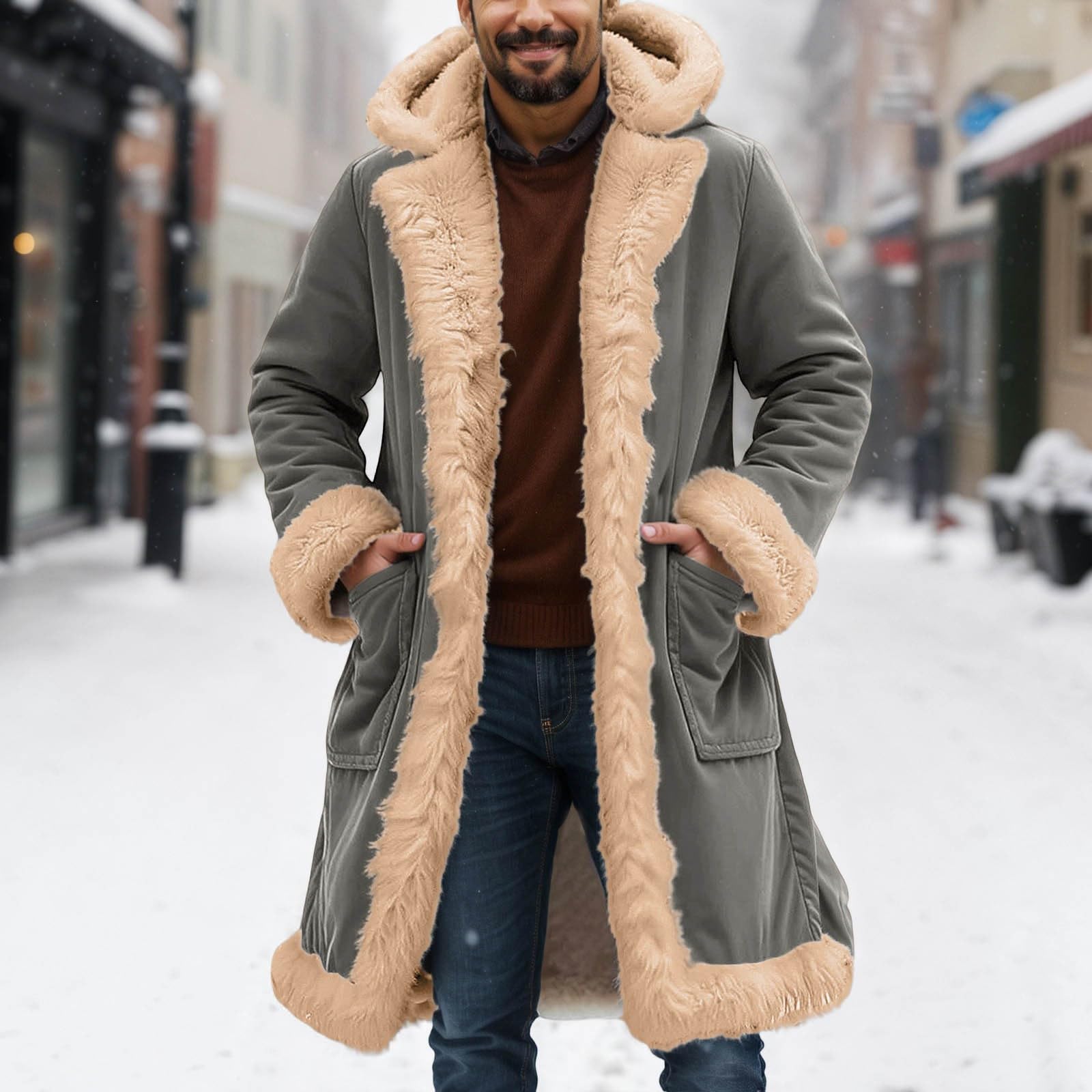 Generisch Cappotto invernale da uomo, lungo, in pelle scamosciata, con colletto alto, foderato, caldo, cappotto da uomo, a maniche lunghe, oversize, per attività all'aria aperta