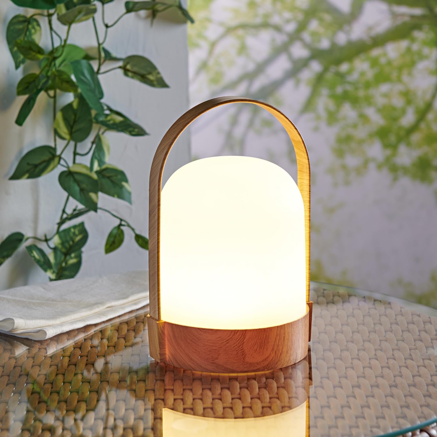 3 PAGEN Lámpara de mesa LED de color madera, diseño LED, lámpara de lectura con asa, lámpara de mesa, funciona con pilas, lámpara de escritorio con LED blanco cálido, lámpara de noche inalámbrica, 1
