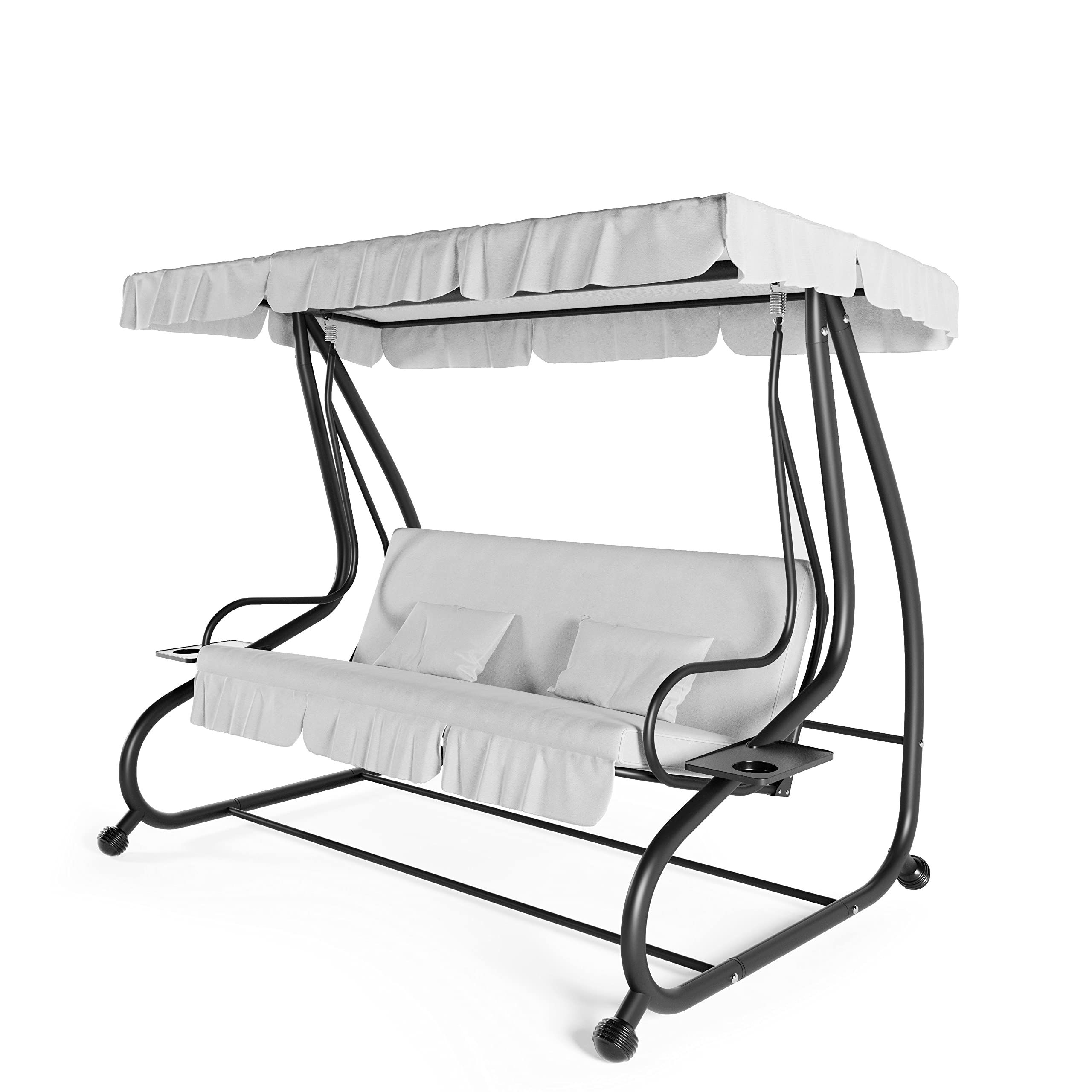 Dondolo Reclinabile 3 Posti Con Cuscini Imbottiti Parasole Tettuccio Regolabile Diventa Letto Struttura Acciaio Robusto Verniciato Giardino Esterno Balcone Terrazzo Piscina 200 x 120 x 160 cm Grigio