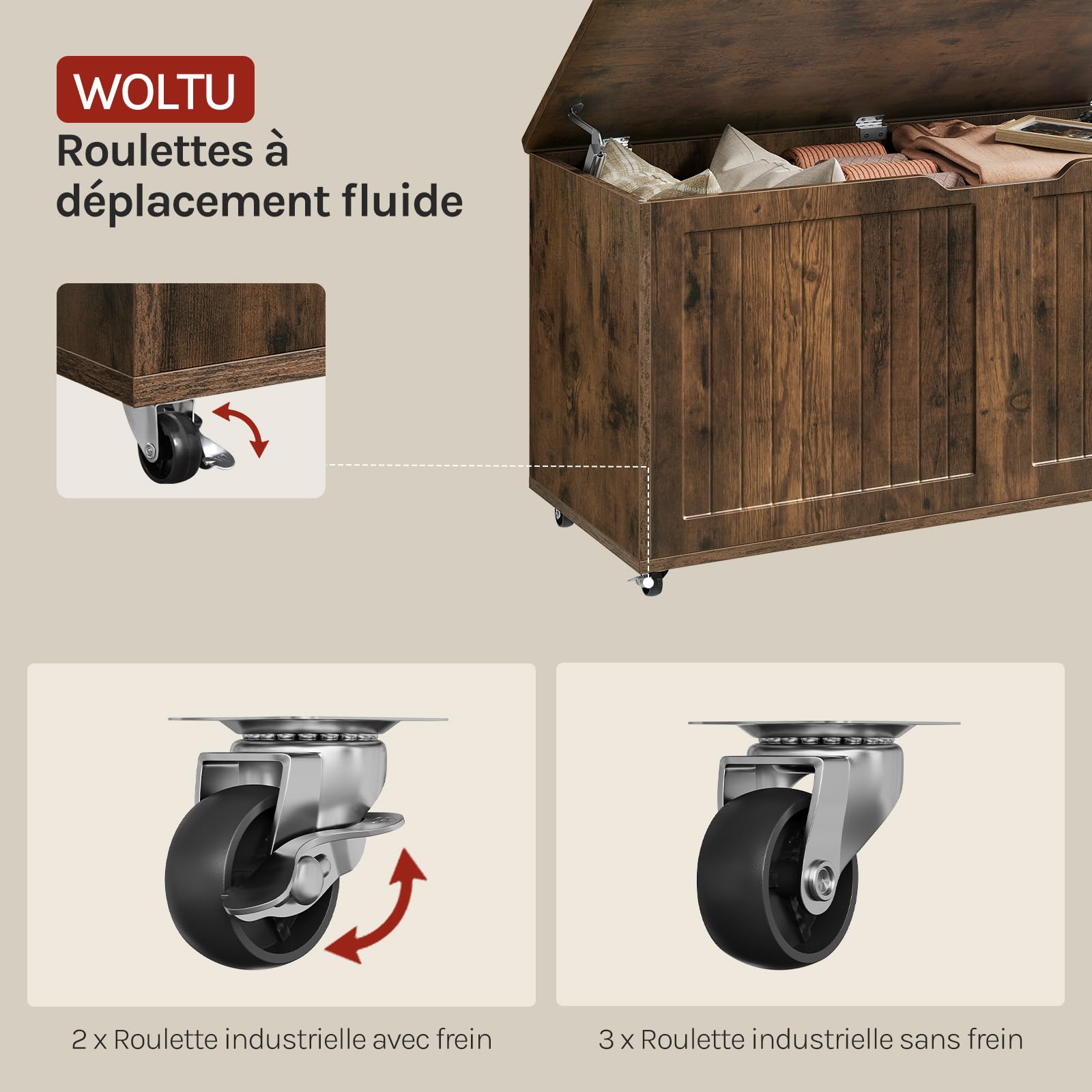 WOLTU Banc de Rangement à roulettes, 100 x 50,5 x 40 cm, Coffre de Rangement avec Couvercle Rabattable à Charnières, pour Chambre, Entrée, Salon, Brun Rustique