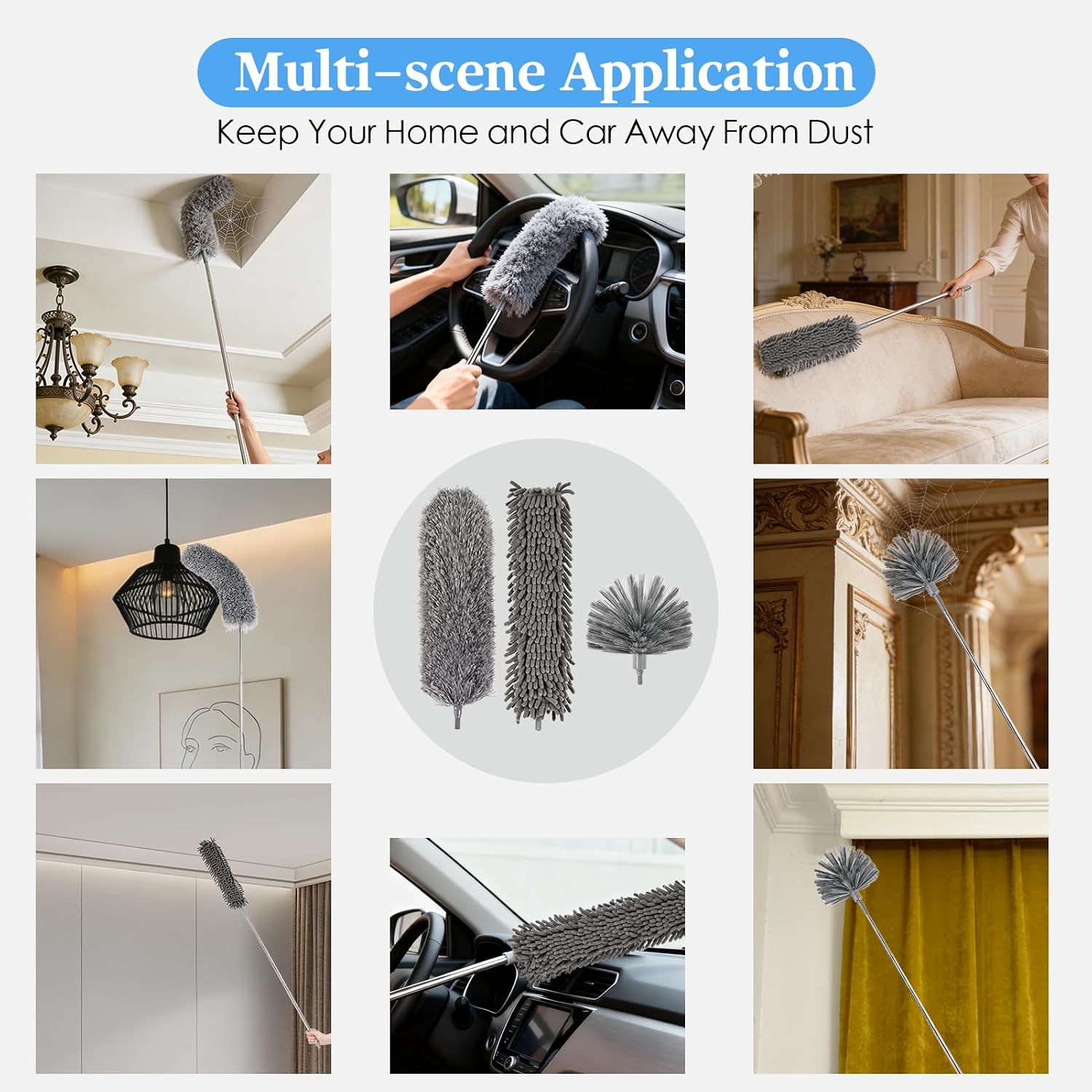Microfiber Feather Duster 5-in-1 Kit with Extension Pole, Washable Cleaning Duster Set with 3 Duster Heads, Cobweb Duster, Corner Brush, 100'' Extendable Long Duster for High Ceilings, Fans, Furniture