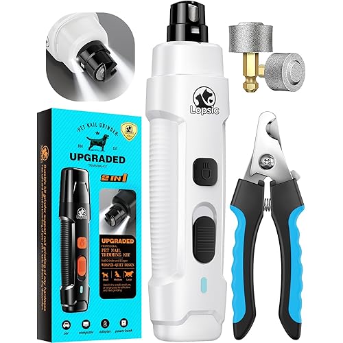 LOPSIC Dog Nail Grinder with 2 LED Lights, 2-Speed Powerful Rechargeable Dog Nail Trimmers and Clipper Kit Ultra Quiet Painless Dog Nail Clipper for Large Small Dogs Cats Claw Care,2 Grinding Wheels
