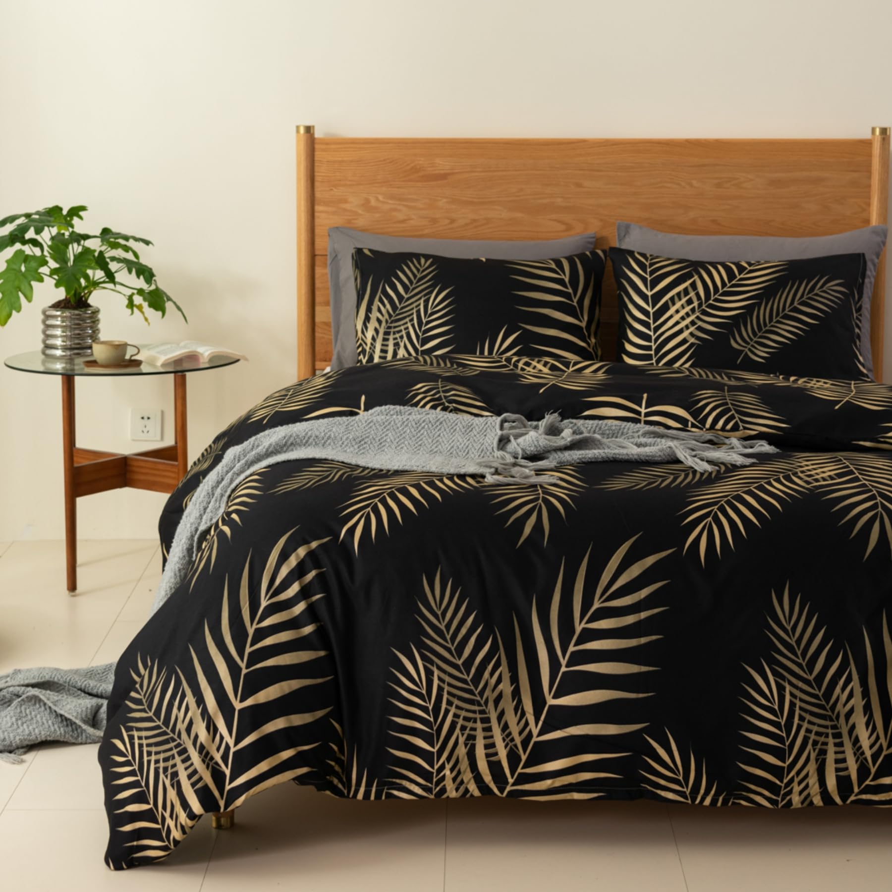 Housse de couette doré 240x260 tropicale Gezu avec taies d'oreiller