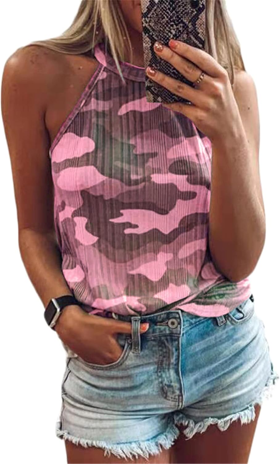Andongnywell Womens Camouflage Tank Tops for Women Halter Tanks Camisole Crew Neck Sleeveless Shirts Blouses