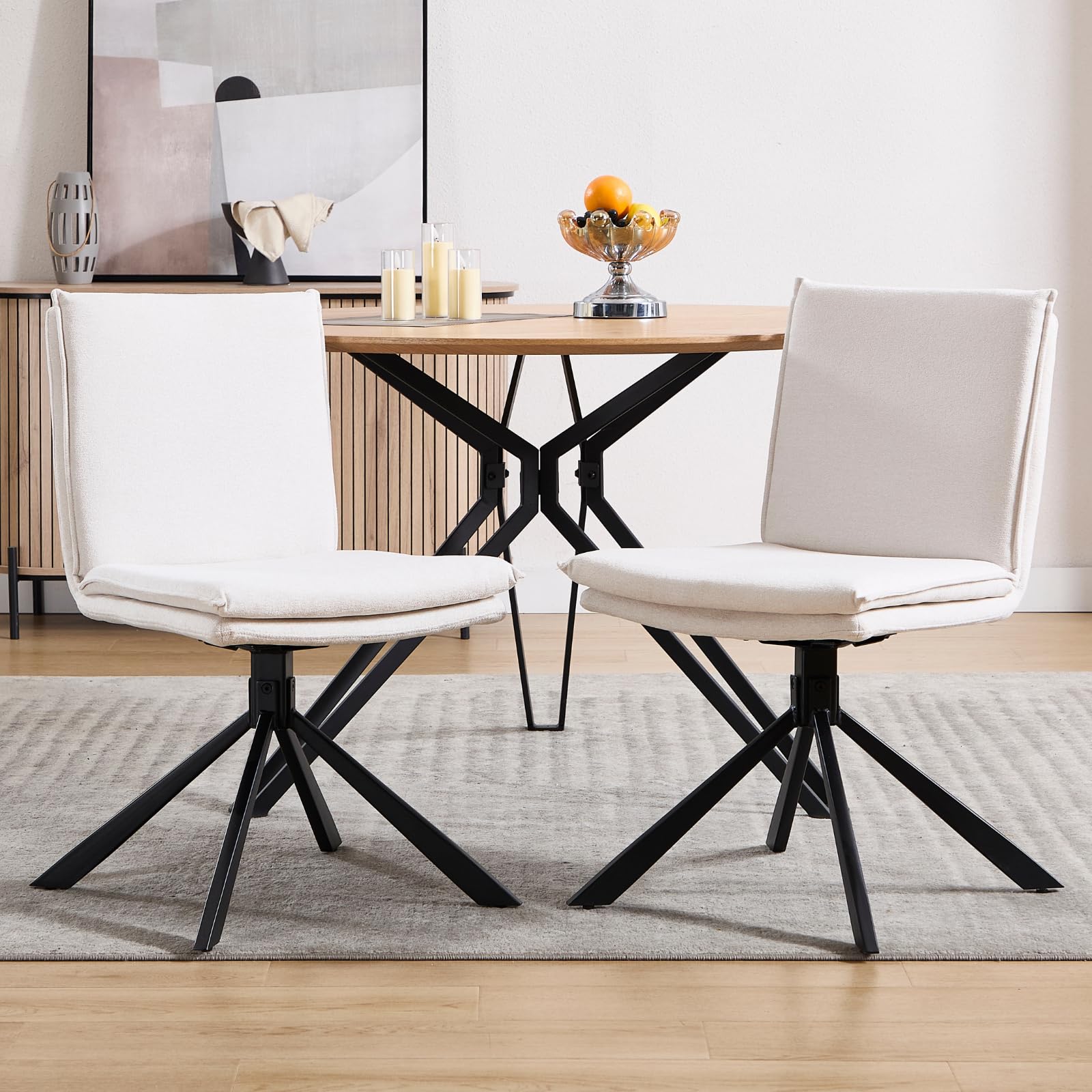 chairus Lot de 2 Chaise Pivotante Salle à Manger sans Accoudoirs, Chaises de Cuisine avec Pieds en Métal, Chaise Rembourrée en Chenille pour Salon, Blanc-2