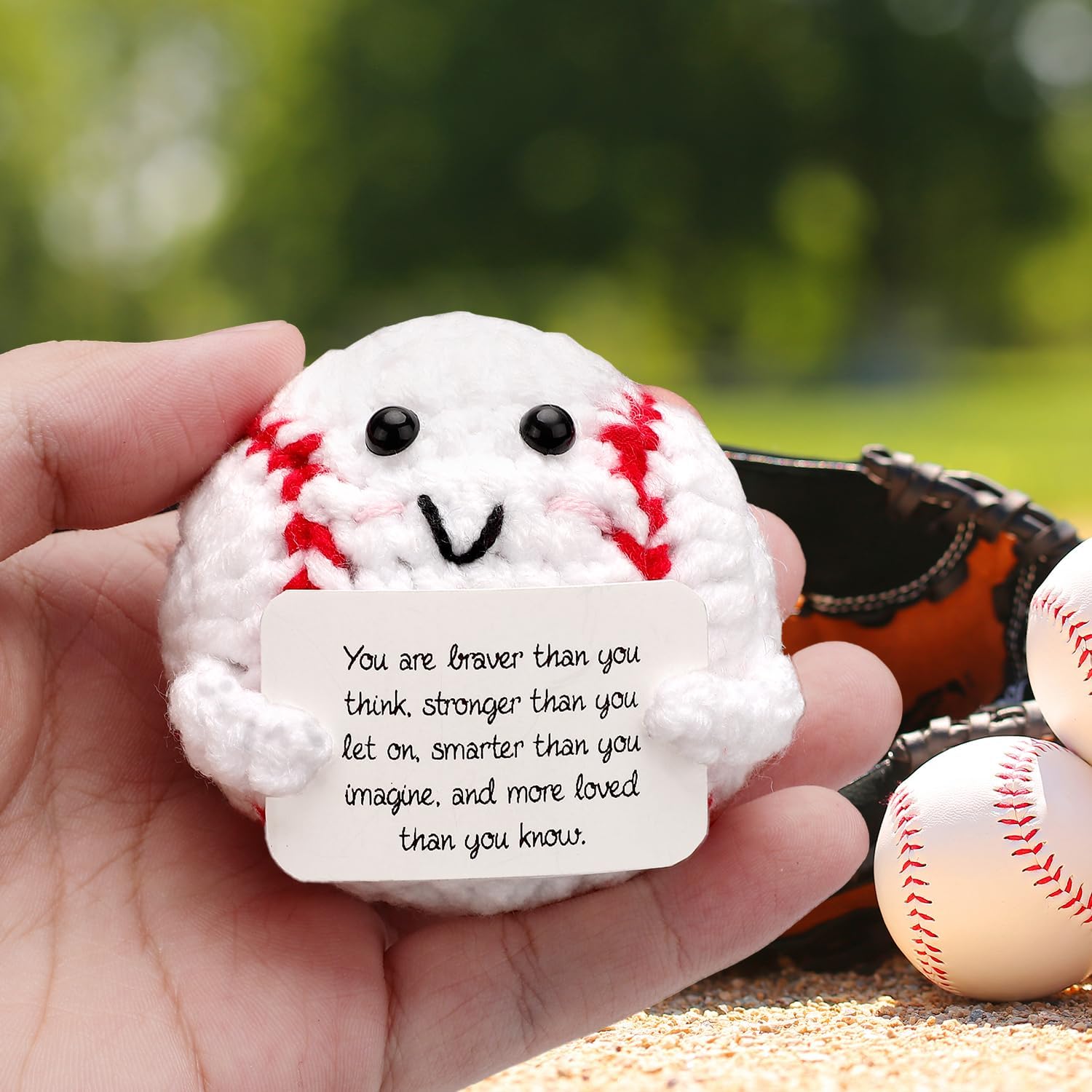 Positive Knitted Toy, Plush Cute Baseball Stuffed Baseball Doll, Funny Emotional Crochet Gifts, Knitted Ornaments Support Animals with Card for Friends Birthday Encouragement Decor