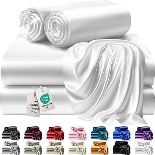 DECOLURE Satin Sheets Queen Size Set 4 Pcs - Silky & Luxuriously Soft Satin Bed Sheets w/ 15 inch Deep Pocket - Double Stitching, Wrinkle Free (White)