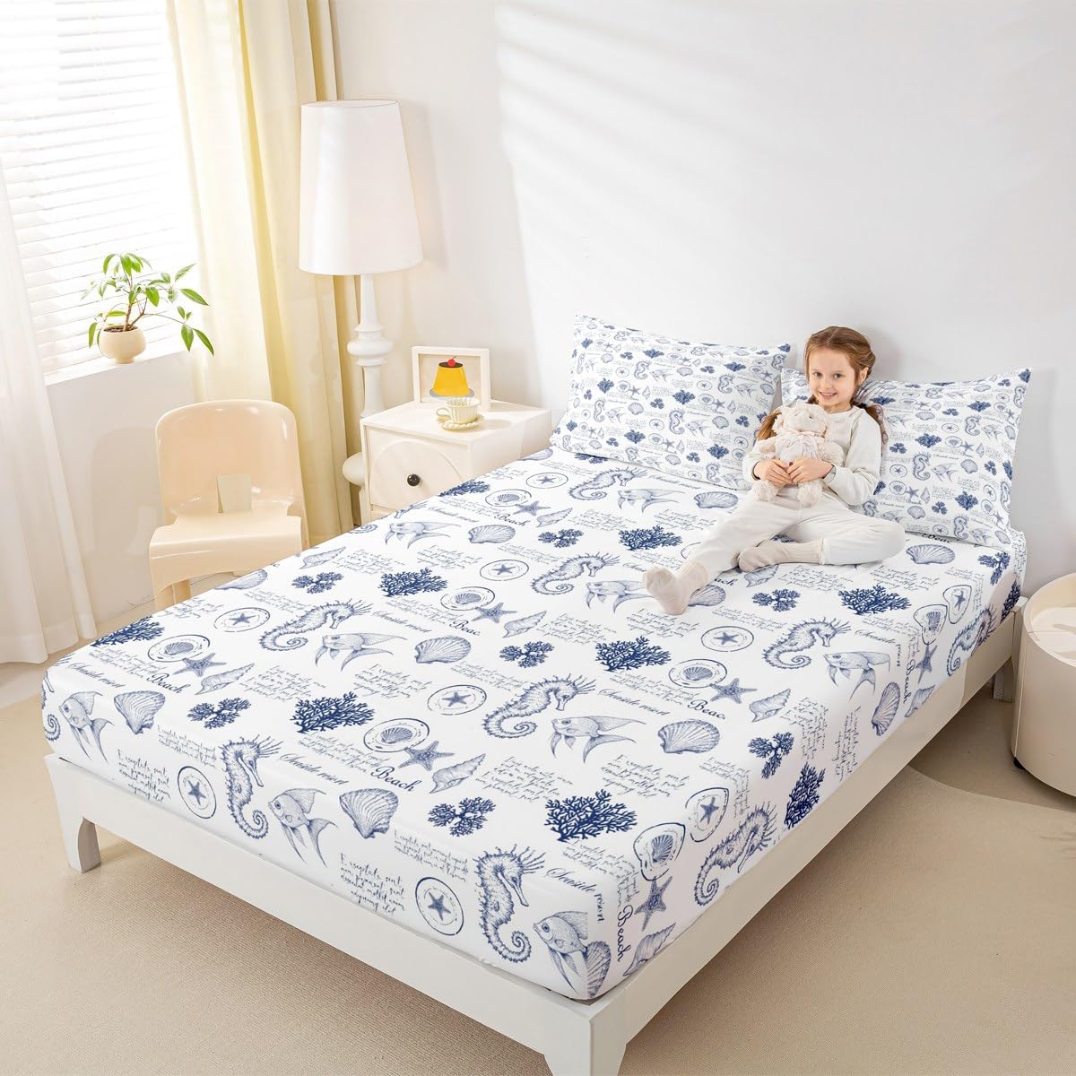 Coastal Fitted Sheet Queen Size,Seashell Conch Seahorse Starfish Coral Bedding Set 3Pcs,Ocean Beach Nautical Bed Sheet for Kids Teens Adult Room Decor,Navy White Deep Pocket Sheet,2 Pillowcases