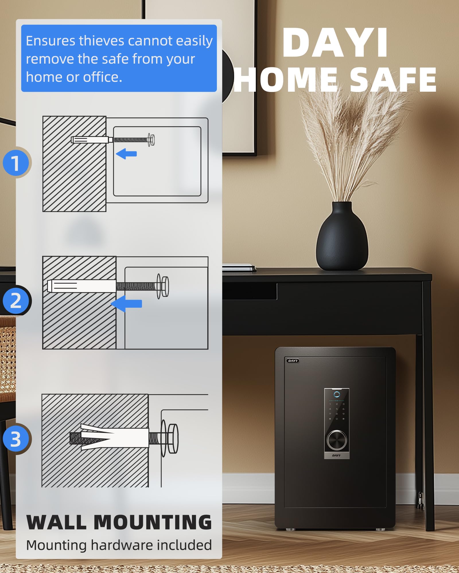 DAYI Cassaforte biometrica per impronte digitali, 3,0 Cu. Ft. Cassaforte domestica con borsa ignifuga, touchpad digitale, cassaforte di sicurezza per denaro, contanti, documenti, doppio sistema di