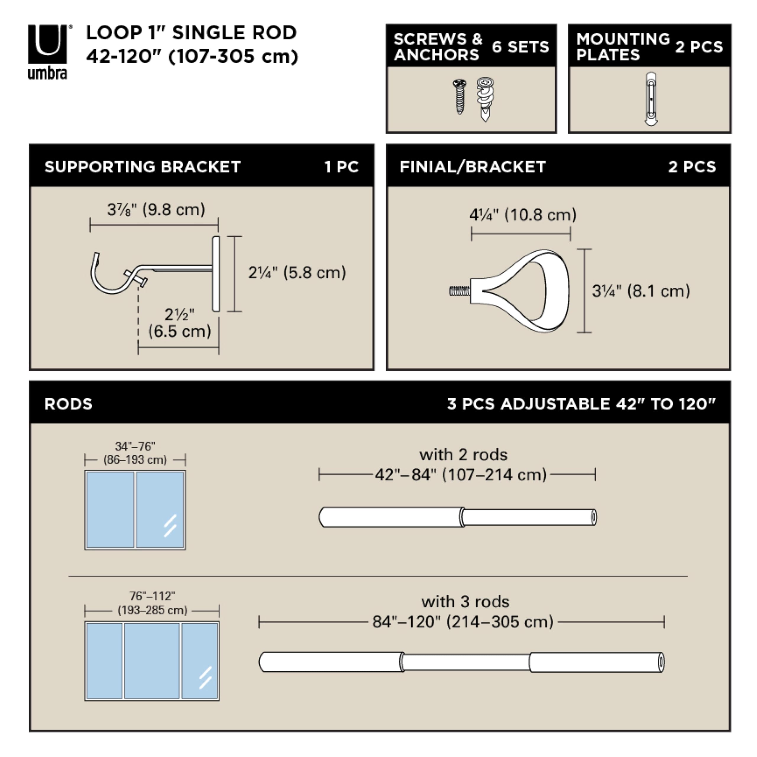 Umbra Loop Ausziehbare Vorhangstange mit D25mm, Verstellbare Länge 107-305 cm, Set inkl. Endstücke und Befestigungsmaterial, Gold
