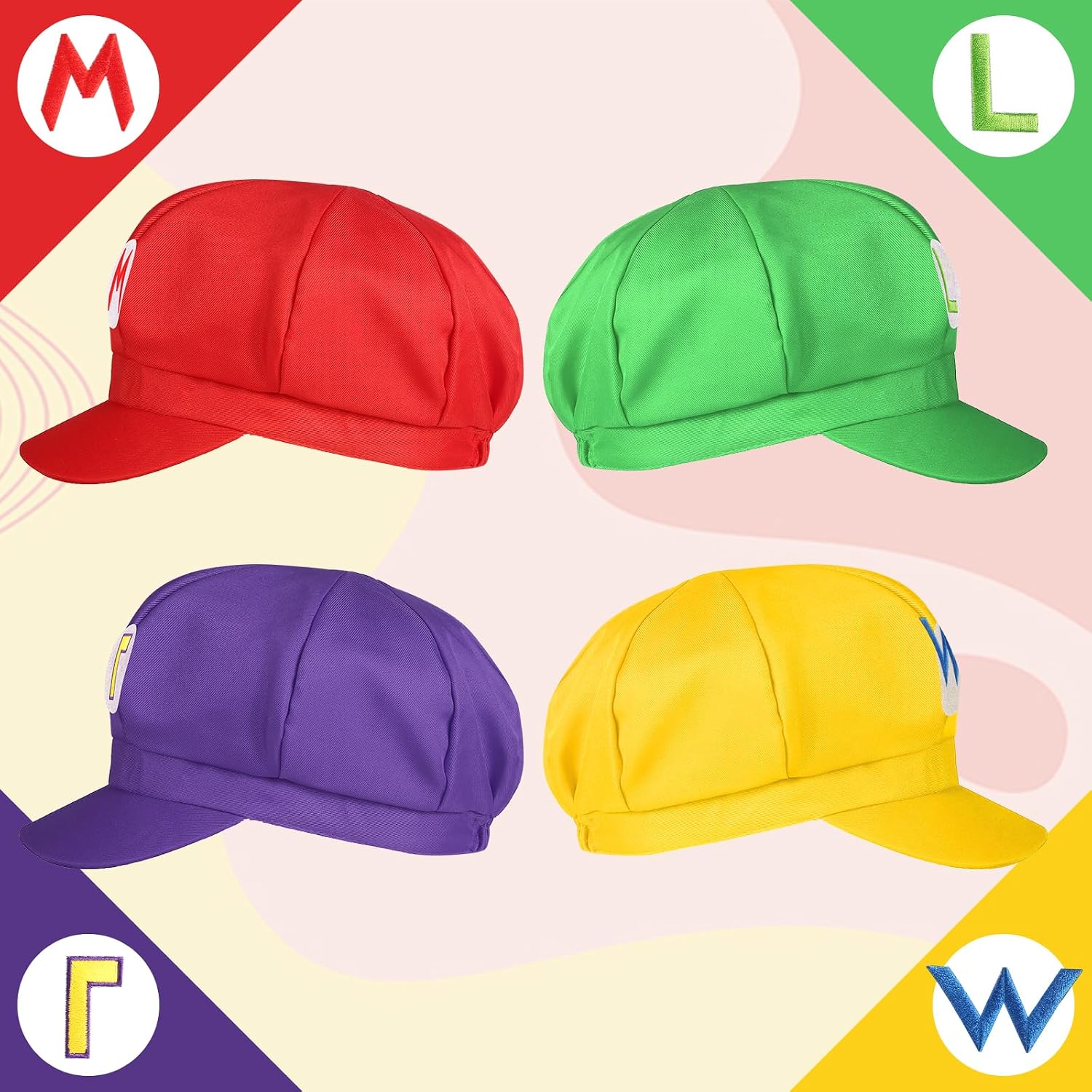 VZZNN 4Pcs Super Bros Hats Accessories Set Mary Luigy Caps, Mustaches, Suspenders, Gloves Buttons Halloween Cosplay Costume 2025 (Red+Green+Purple+Yellow)