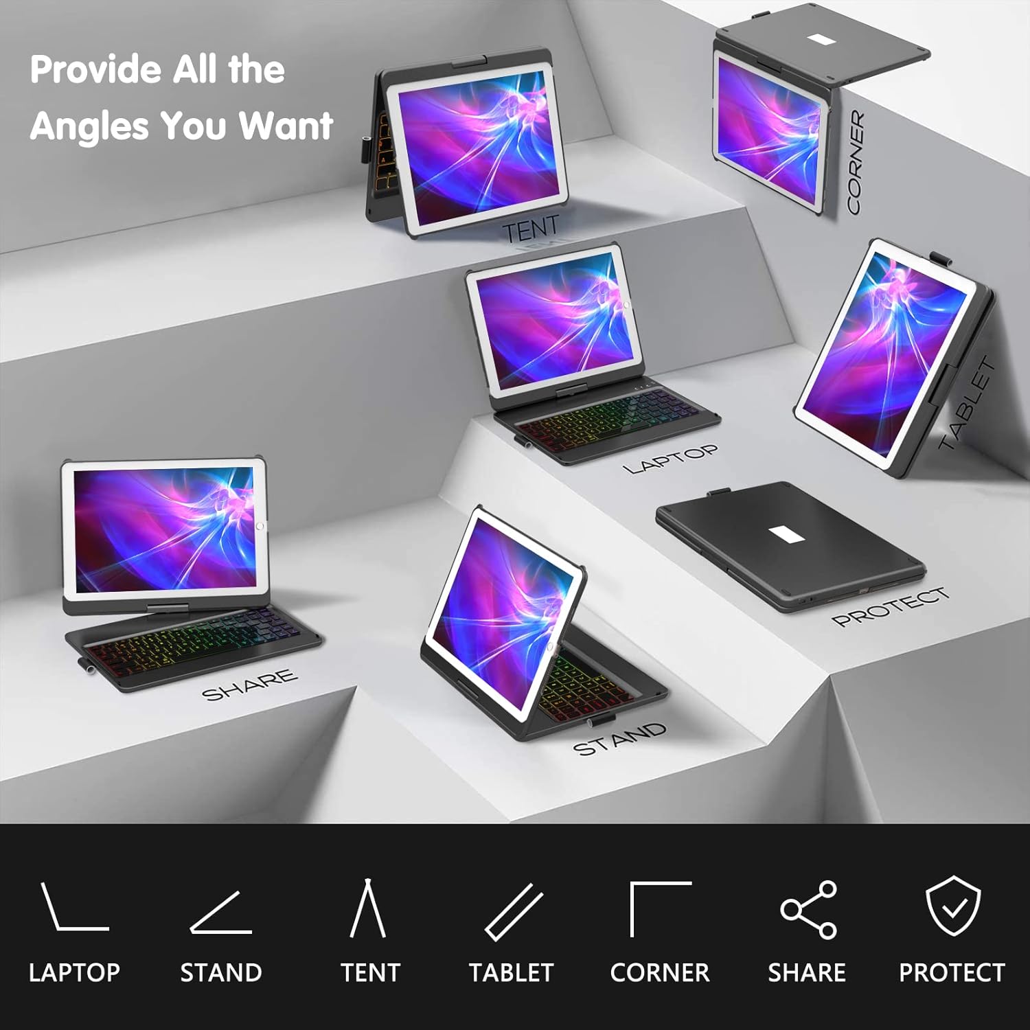 Keyboard Case for iPad 9th Generation,7 Color Backlight iPad Keyboard for 10.2-inch 9th /8th /7th /Air 3/Pro 10.5-inch,360° Rotatable Protective Cover with Apple Pencil Holder(Black) - Image 6