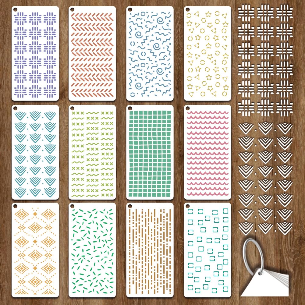 GOMAKERER 12 Sheets Simple Graffiti Stencil for Painting, Reusable PET Abstract Texture Stencils Geometric Line Dot Symbol Drawing Templates for Painting on Wall Wood Home Decor