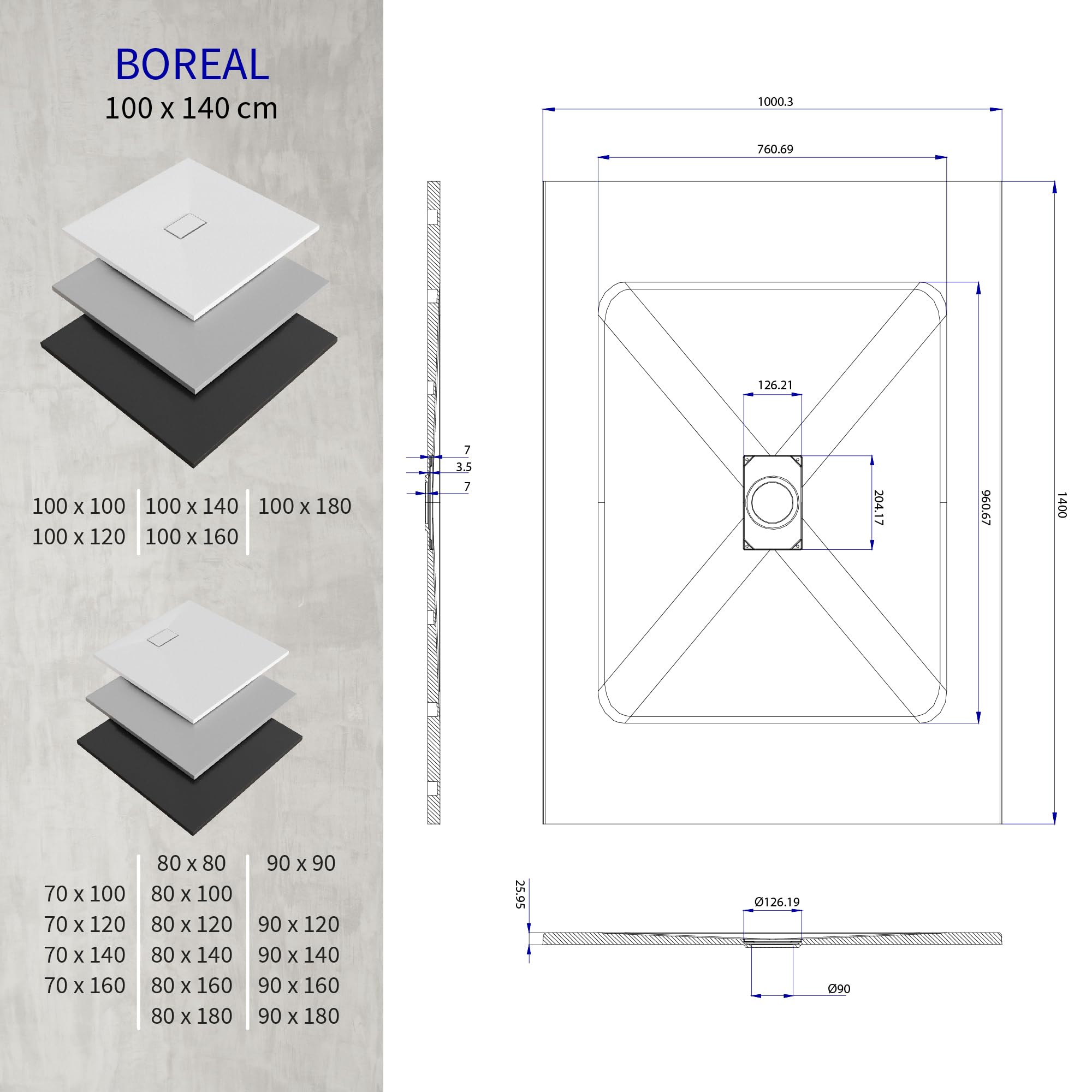 Plato de Ducha BOREAL 100x140 cm (rectangular) Negro RAL 7021 - Resina SMC Extraplano 26 mm, Antideslizante, Textura Pizarra, Fácil de Limpiar, Incluye Válvula + Rejilla