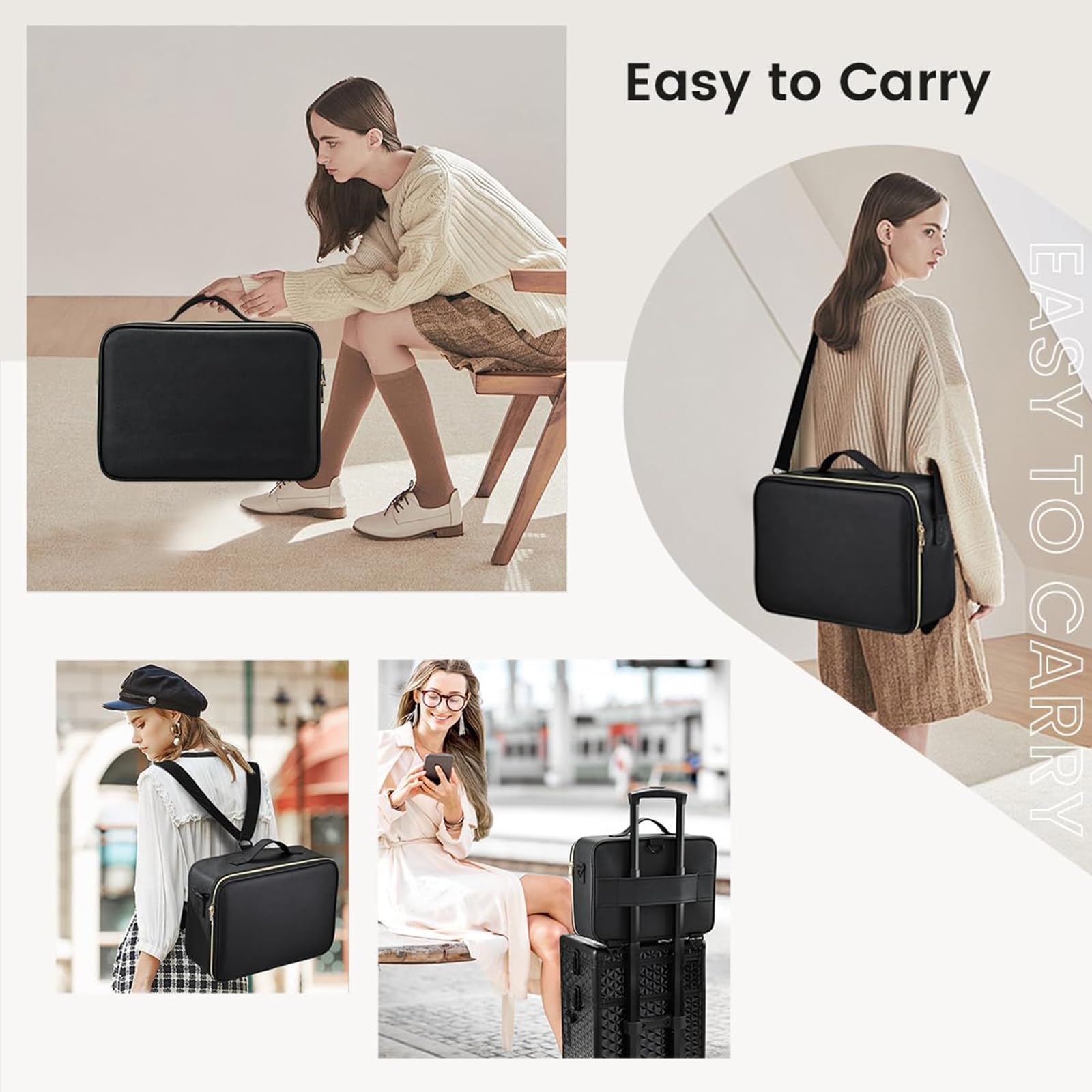 Bolsa de maquillaje de viaje con espejo, estuche organizador de maquillaje con compartimento ajustable, Black, Large Szie