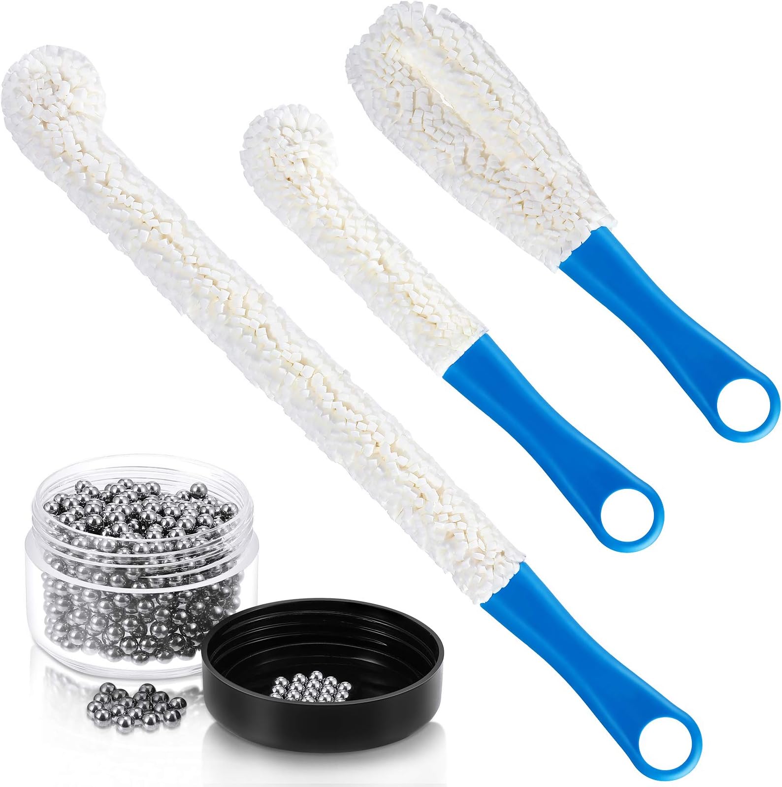 3 Pieces Decanter Cleaning Brush Flexible Bottle Scourer and 400 Pieces Reusable Decanter Cleaning Beads Household Cleaning Tools for Wine Decanters Goblets Glasses Cups (Blue Handle)