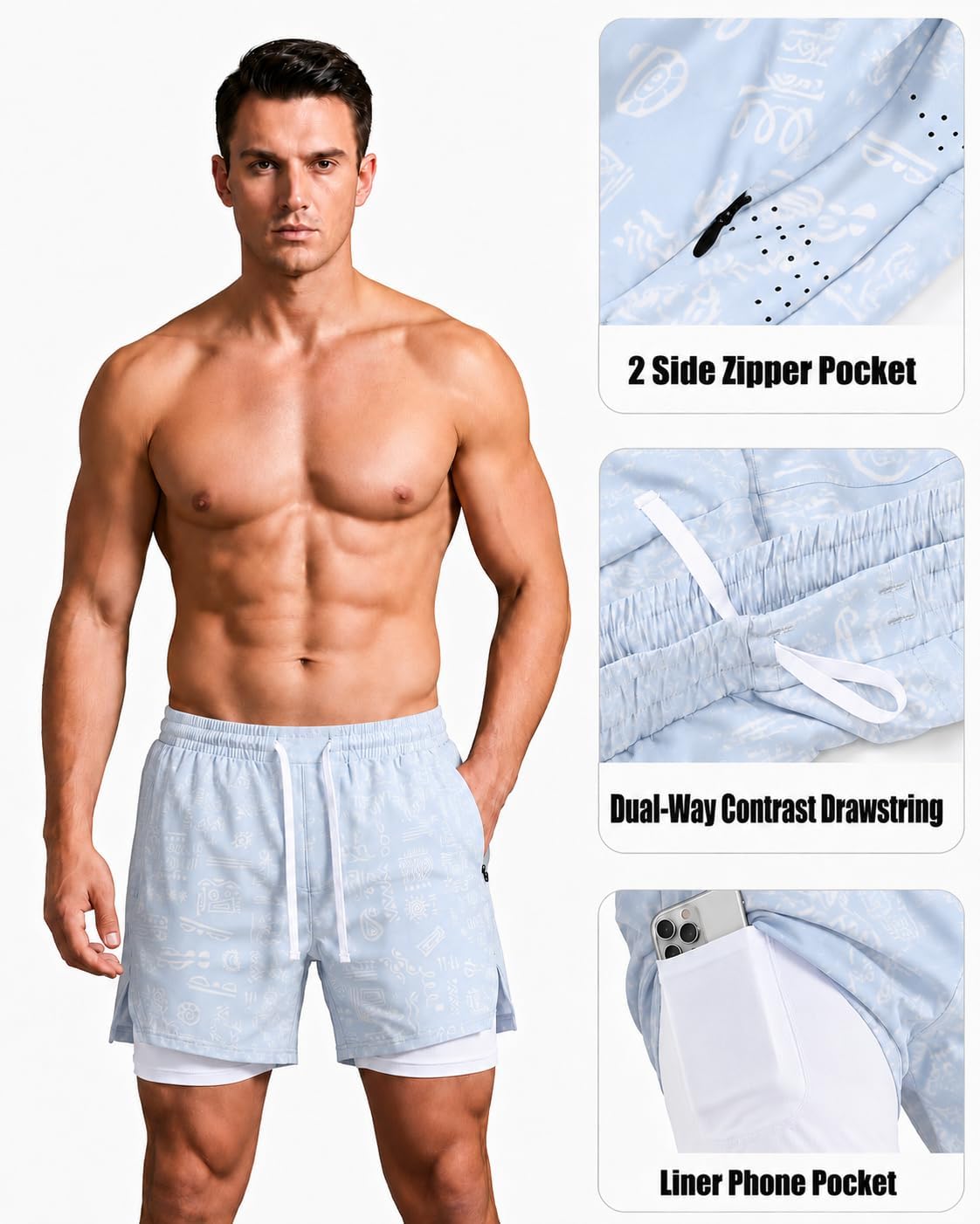 Men's 5 Inch 2 in 1 Athletic Running Shorts with Liner, Dual-Way Drawstring & Zipper Pockets, Lightweight Workout Gym Shorts