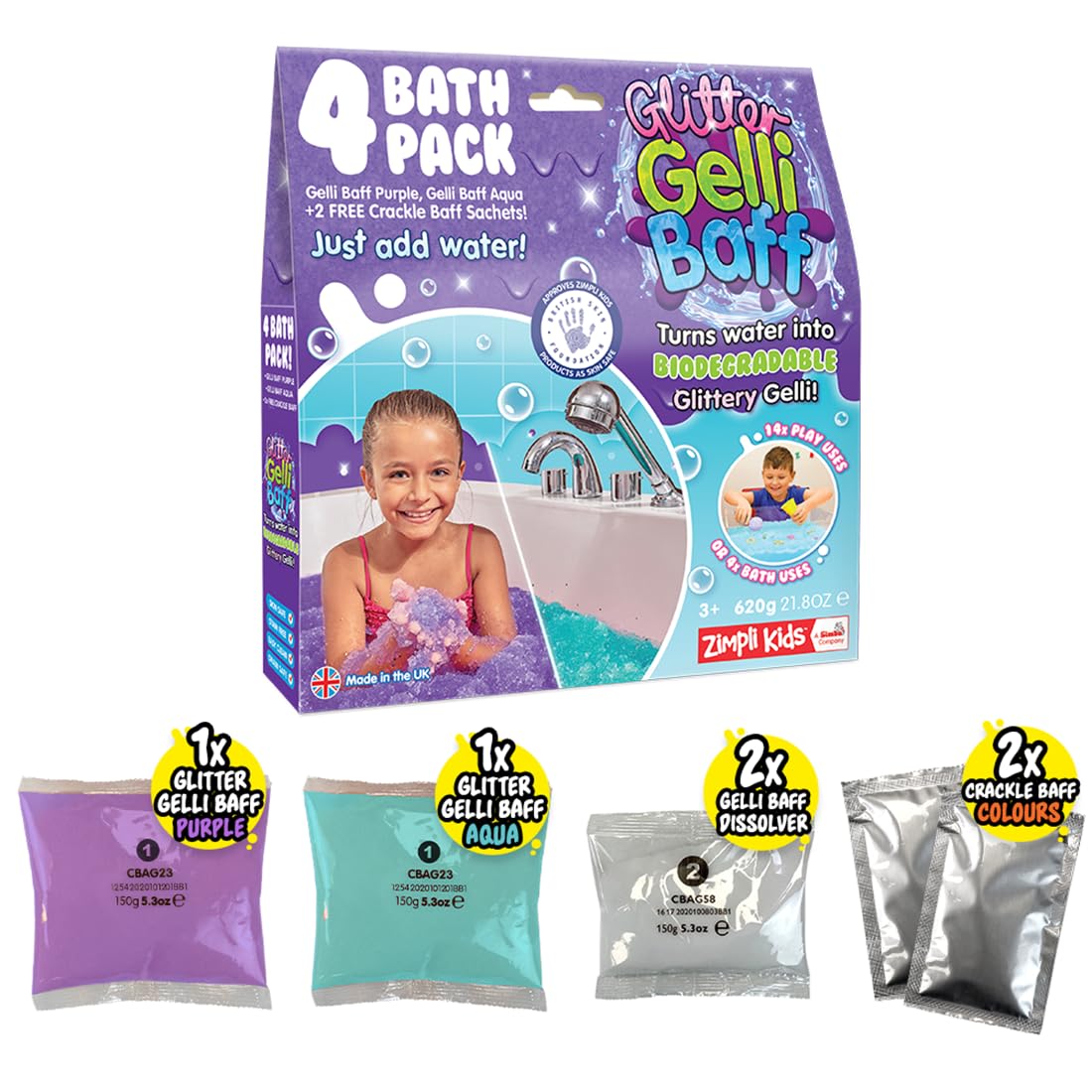 Glitter Gelli Baff Purple & Aqua, 4 Bath Pack, Including 2 x Crackle Baff, Magically turns water into thick, colourful goo, Sensory Bath Toy