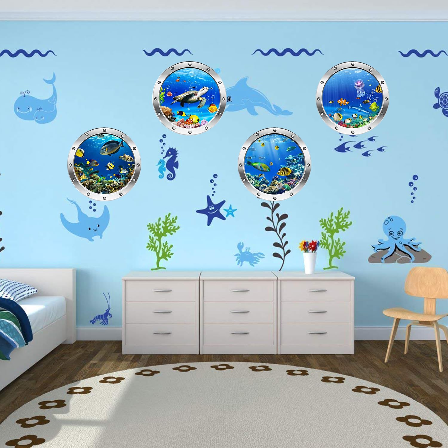 3 adesivi da parete per animali dell'oceano, decorazione da