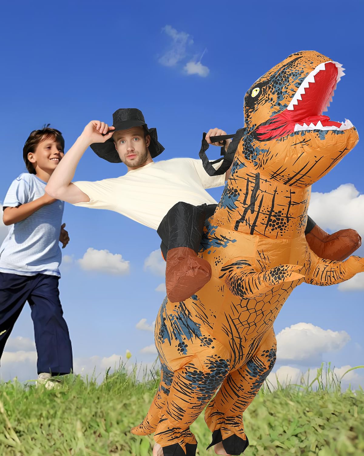 FXICH Costume gonflable Trex pour adulte,Homme&Femme Cavalier Dinosaure Funny Fancy Dress Party Inflatable Costume Brown(Convient aux adultes d'une taille de 150-190cm)