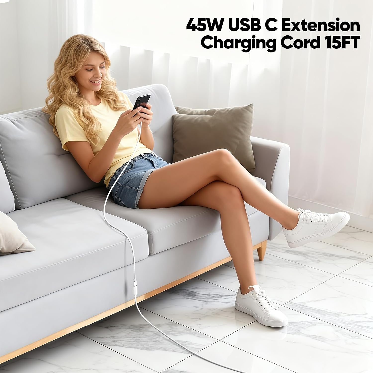 15FT Long USBC Extension Cable for Ring Solar Panel and Camera, White Waterproof USB Type-C Male to Female Extender Cord Charger 45W for Ring USBC Solar Panel,Security Camera,Mag-Safe Charger