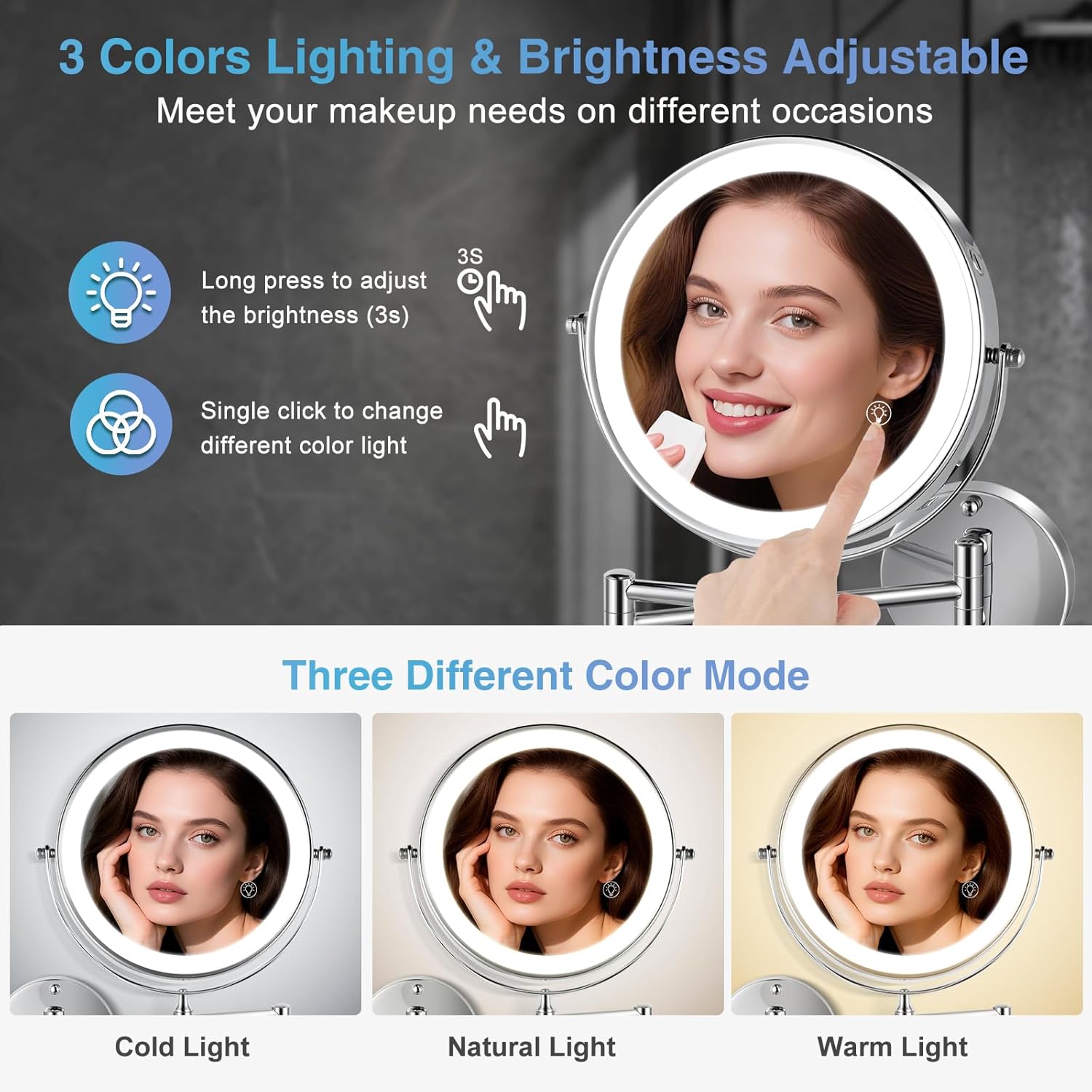 20X/1X Wall Mounted Lighted Makeup Mirror with Light, 8.5'' Double Sided Rechargeable Magnifying Bathroom Mirror, 3 Color Lights Touch Dimmable Extended Arm 360 Rotation Light up Magnification Mirrors Chrome 20X