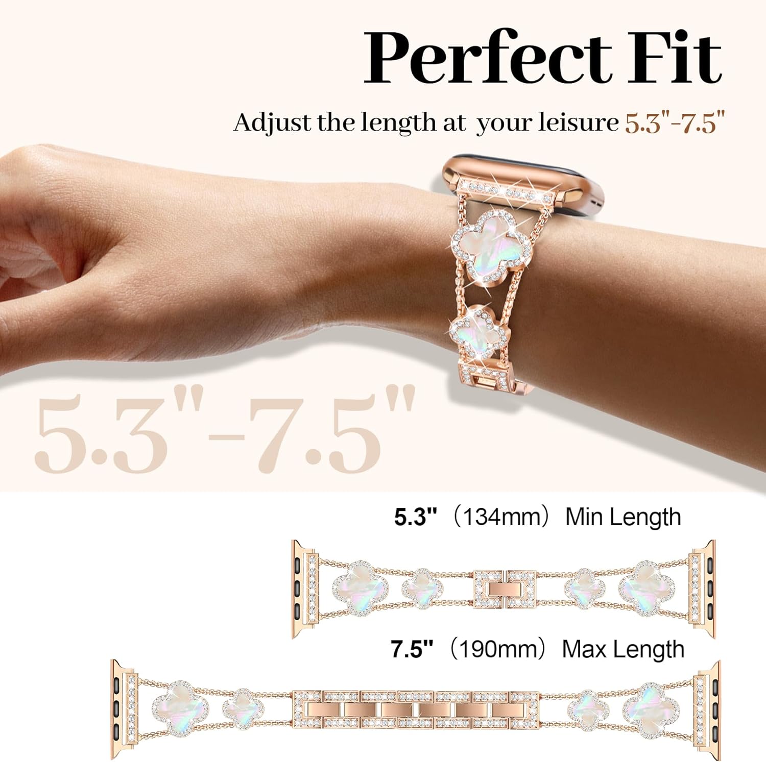 Rose Gold Bling Diamond Clover Band Women Compatible with Apple Watch 40mm 38mm 41mm 42mm(S10/11) Lucky Cute Sparkle Dressy Bracelet Metal Strap for iWatch Series 11/10/9/8/7/6/5/4/SE 3/2/1 - Image 6