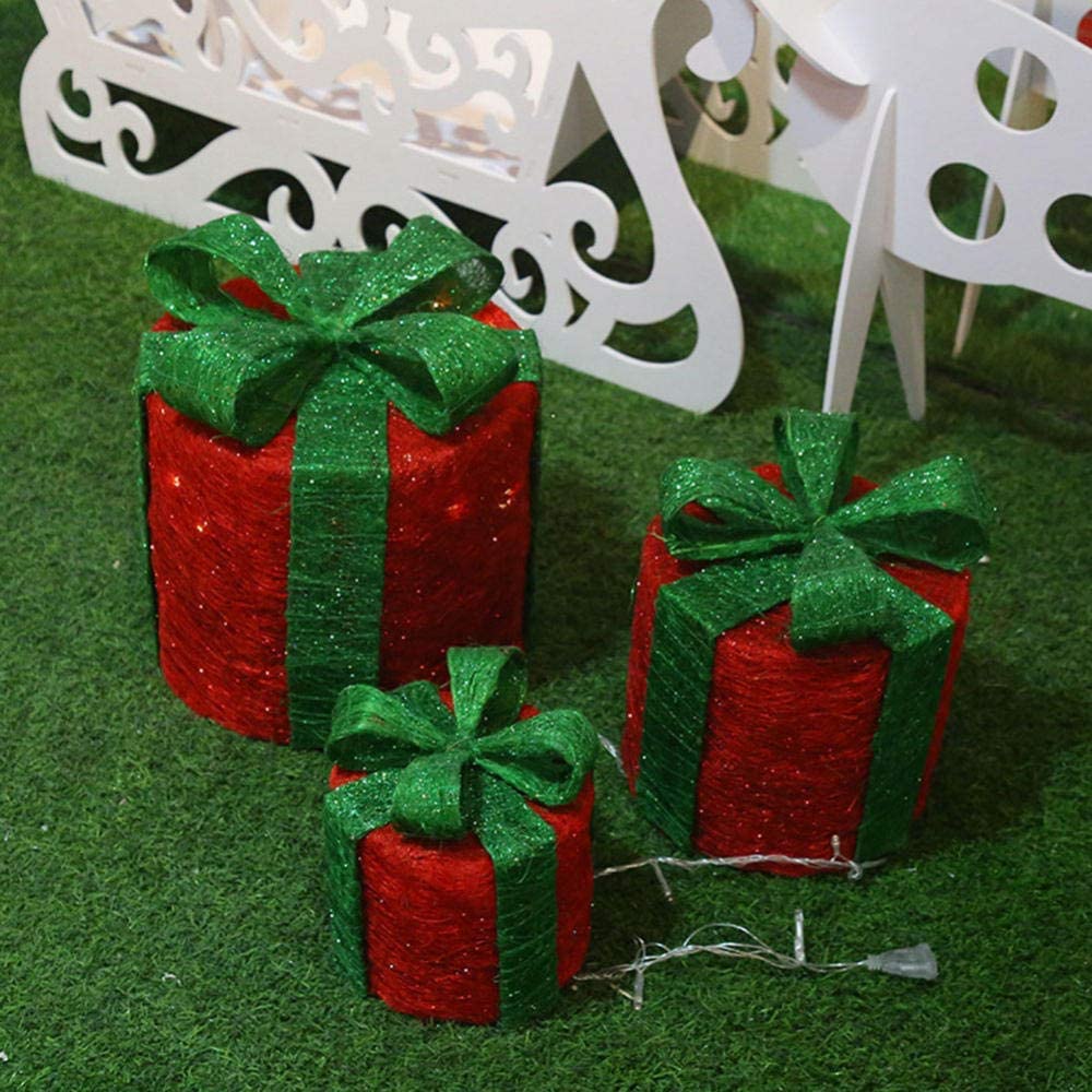 Ornamenti di Natale Scatole regalo, Set di 3 scatole regalo luminose a LED, quadrate, rotonde, decorative, natalizie, in ferro, con fiocco di neve(Round red)