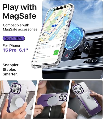 Miniatura 10 de Funda magnética fuerte para iPhone 15 Pro, compatible con MagSafe, probada en caídas de grado militar, a prueba de golpes, delgada, translúcida,