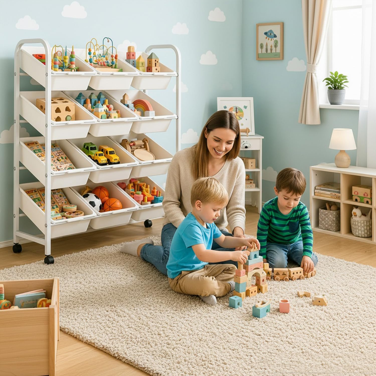 4 Etagen Spielzeugregal mit 12 Boxen,Kinder Organizer Weiß