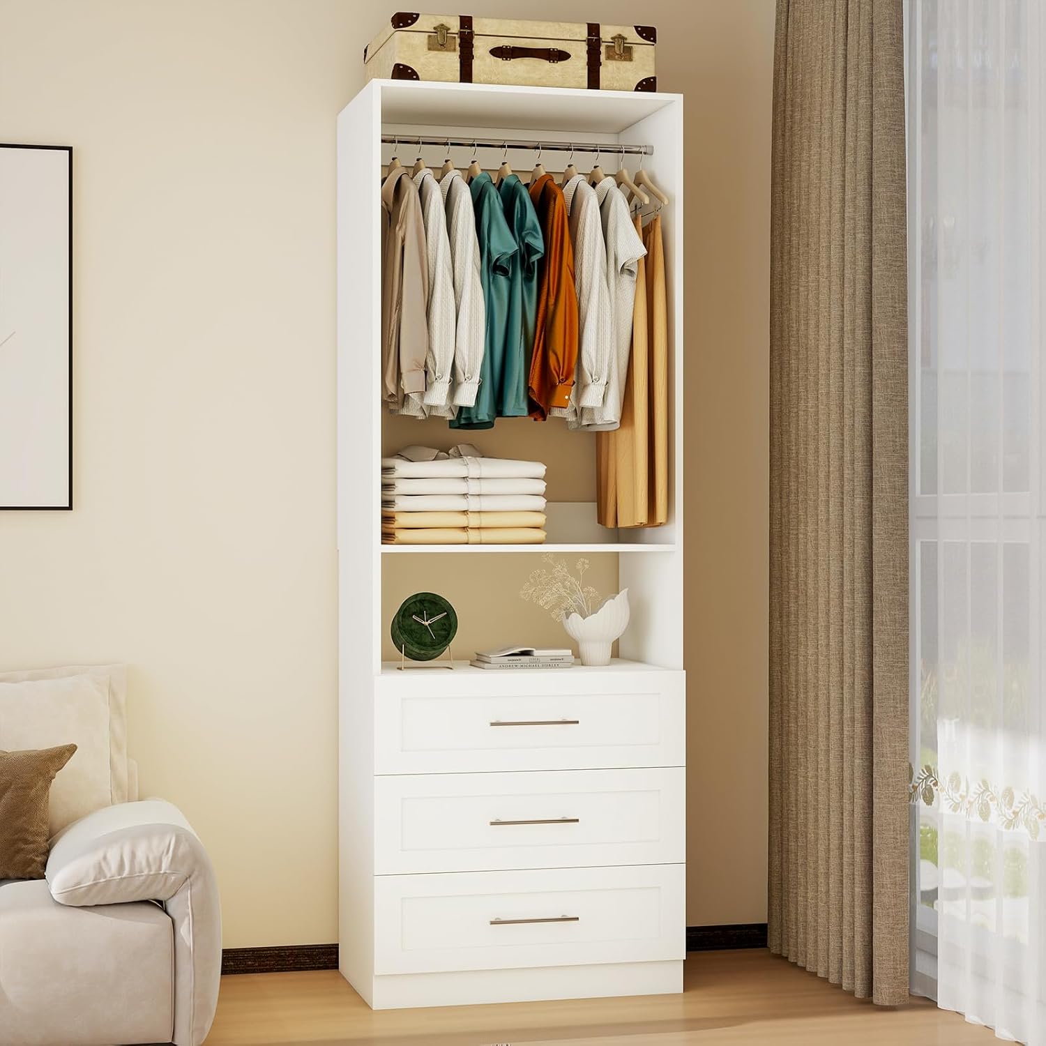 Closet System, 2FT-5FT Closet Organize System with 3 Wooden Drawers, 2 Hanging Rods & Shelf, Small Walk in Closet System Storage, Modular Closet System, White(2FT)