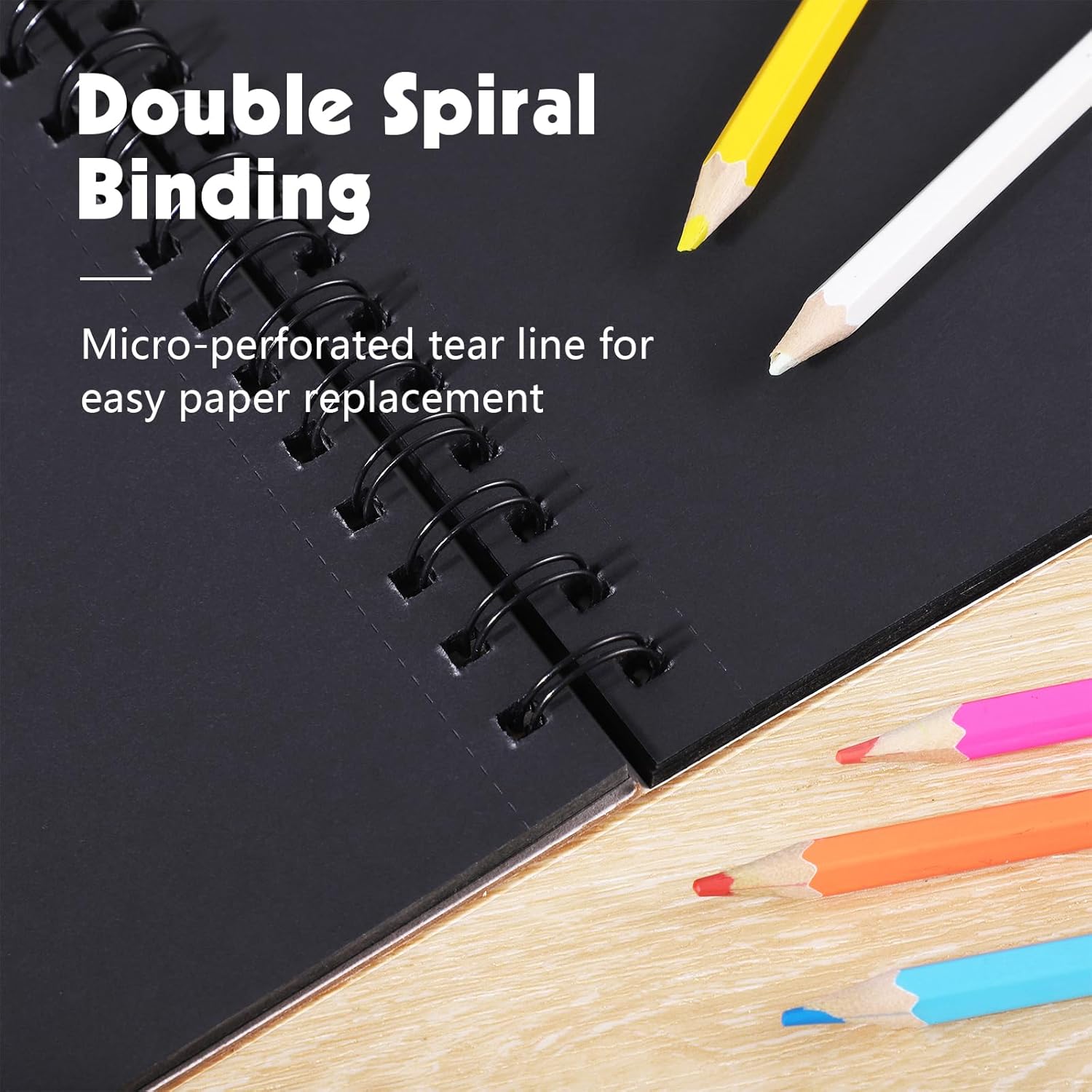 160gsm Black Paper Sketchbook 5.5 x 8.5 in, 50 Acid-Free Drawing Paper | Heavyweight black paper, finely textured, tears cleanly, lays flat, for pencils, chalk, metallic markers