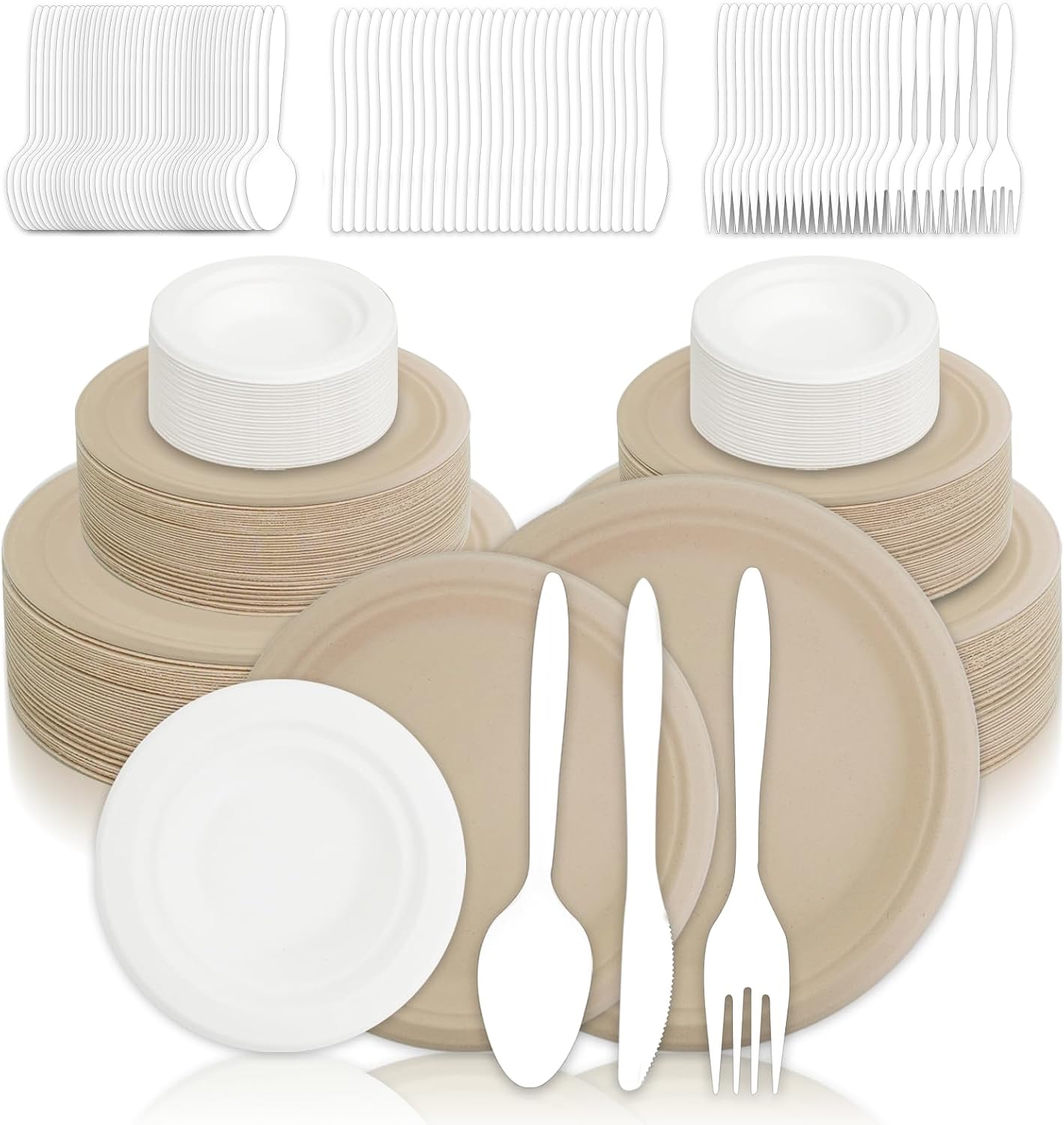 360 Pcs Compostable Paper Plates and Bowls Set with 7 Inch 9 Inch 3inch Disposable Sturdy Plate Forks Knives and Spoons for Party Dinner 60 Person