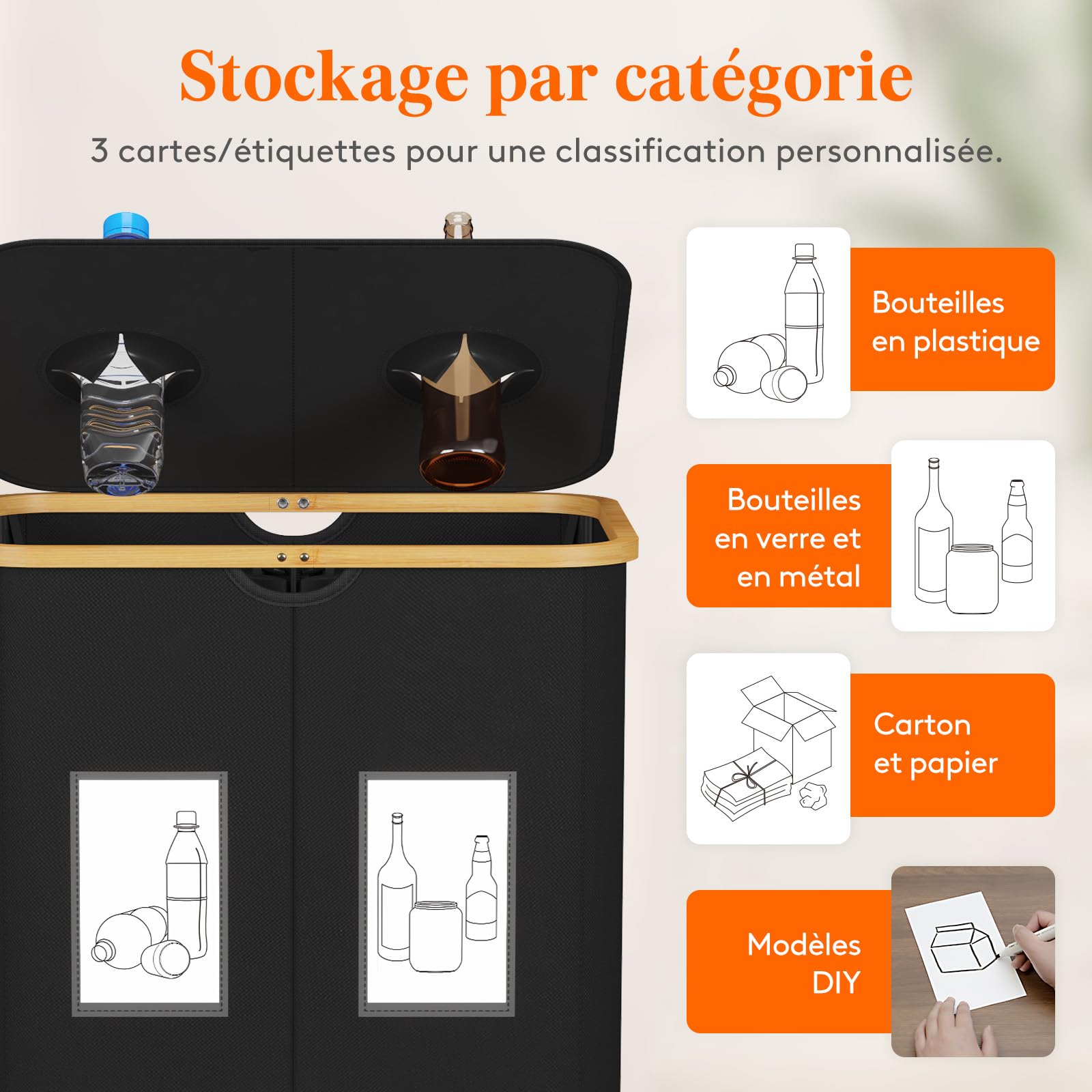 Lifewit Collecteur de Bouteilles avec Couvercle 2 Compartiment, Poubelle Tri Selectif pour Plastique, Bouteilles Verre, Poubelle Exterieur de Recyclage avec Trou, Cuisine Rangement, 150L, Noir