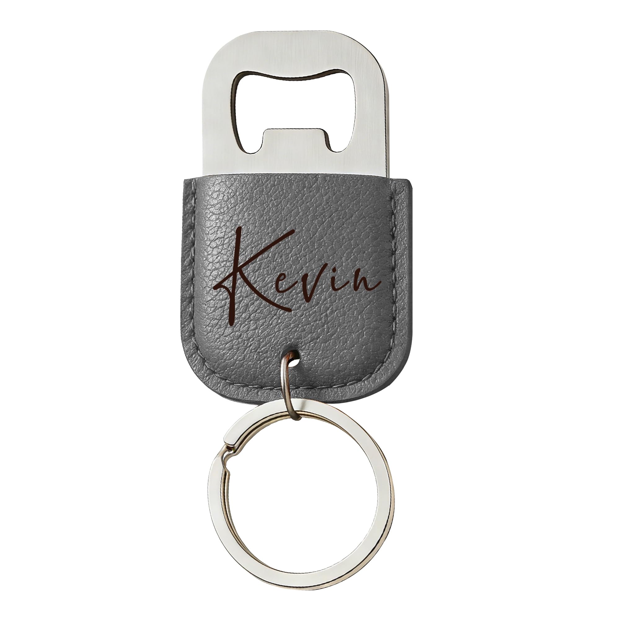 EDSG Personalised Bottle Opener Keyring, Stainless Steel & Leather Bottle Opener, Birthday Christmas Valentines Gifts for Him Husband Boyfriend, Wedding Best Man Groomsmen Gift (Grey, Design 1)