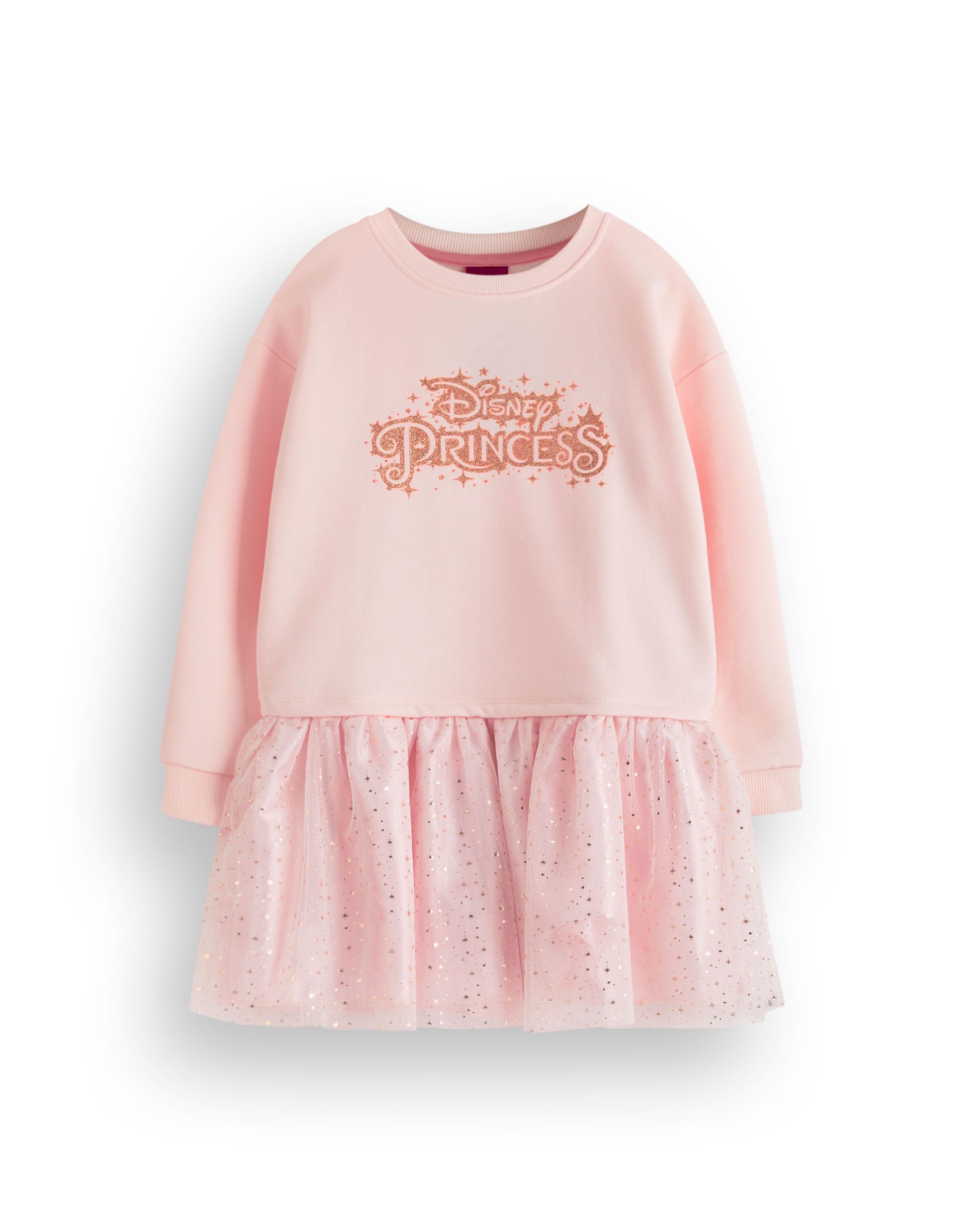 Disney Princess Girls Sweater Dress | Kids Sweatshirt with Sparkly Tulle Skirt in Pink | Rose Gold Glitter Graphic Jumper All in One Complete Outfit | Film Movie Merchandise Apparel Gift Children
