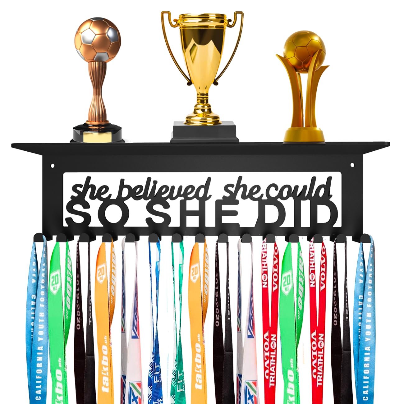 Dafftos Soporte para medallas, organizador de cinta de pared, marco de almacenamiento de carreras, soporte de babero, soporte de metal para colgar medallas, animadora, gimnasia, fútbol, softball,