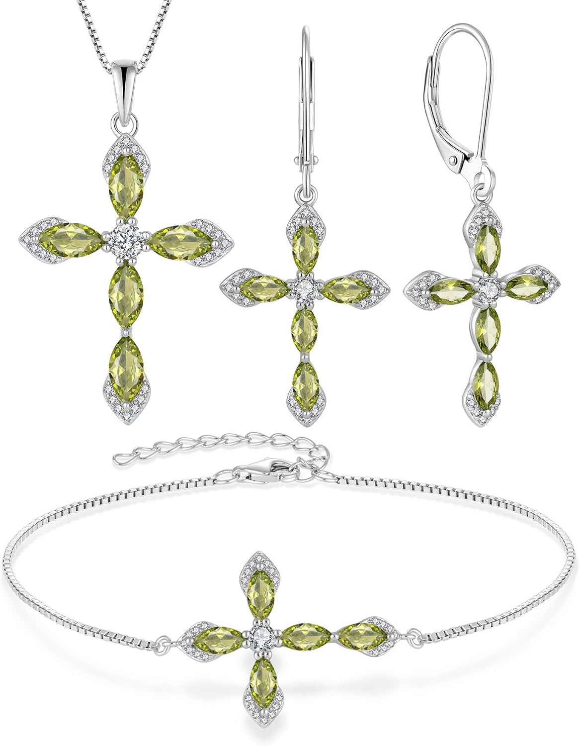 Cross Necklace Earrings Bracelet 925 Sterling Silver Peridot Jewelry Set Gemstone Crucifix Religious August Birthstone Jewelry for Women