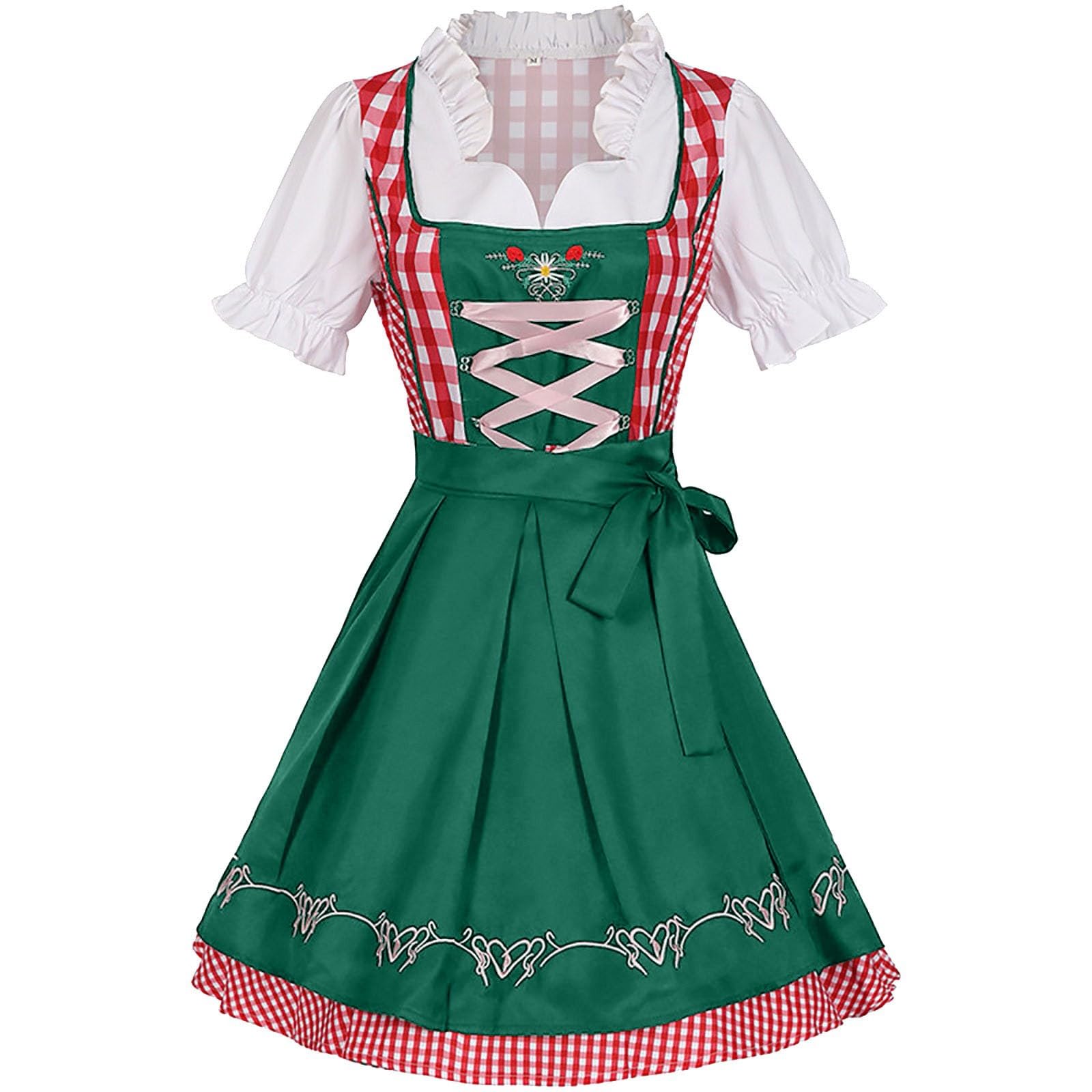 Women Dirndl Dress Oktoberfest Costume German Dirndl Dress 3 Pieces Plaid dirndldress with Apron Fancy Midi Skirt Oktoberfest Outfit Bavarian Costumes for Bavarian Beer Carnival Party