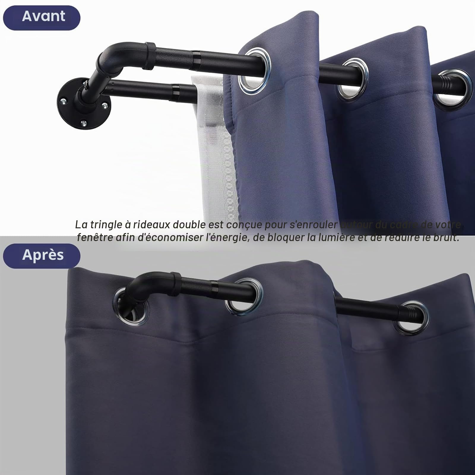 Tringles à Rideaux Double Style Industriel, 73-228cm Tringle à Rideau Extensible avec Tête de Bride et Supports, Tringle à Rideaux Réglables en Acier Inoxydable Décorative pour Salon/Noir Mat