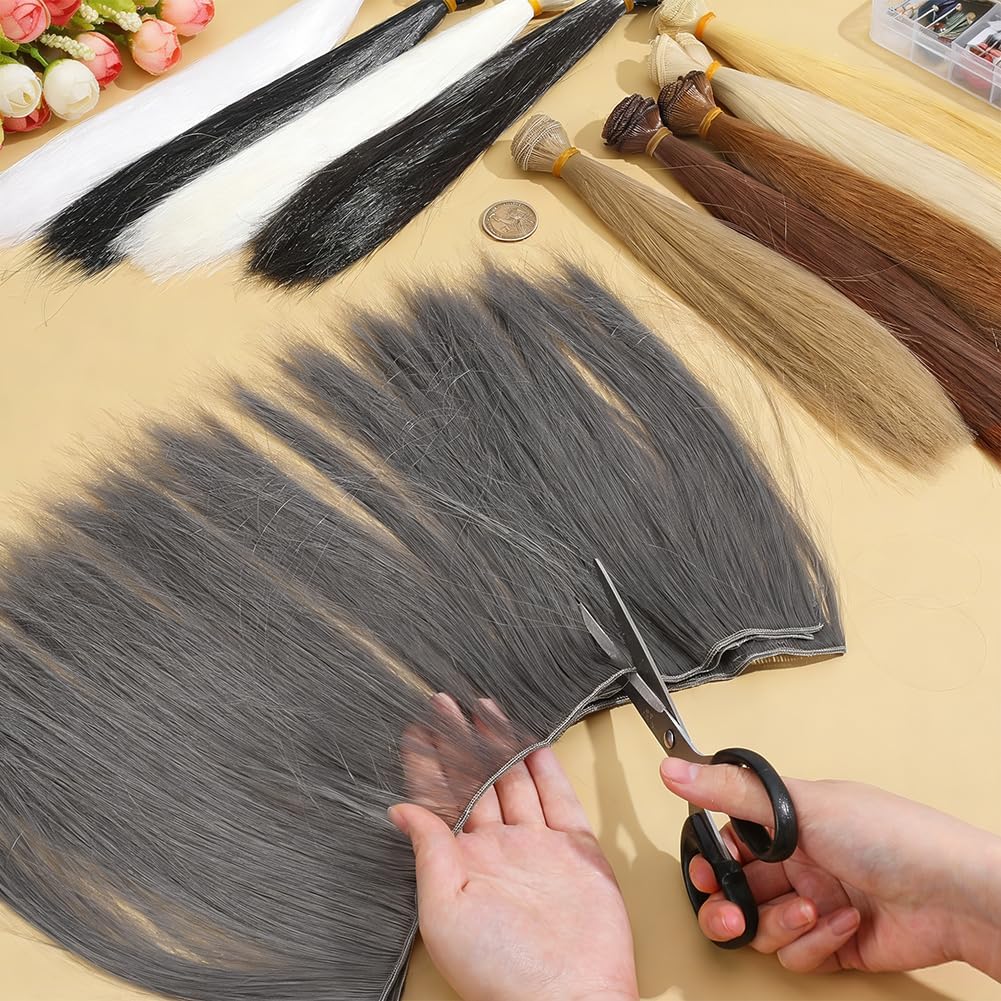 NBEADS 10 Pcs 10 Colors Wool Doll Hair Wig, 10.63-10.8 Inch hort Thick Hair with 1 Set Rooting Holders Tool for Extensions Making Arts Supplies